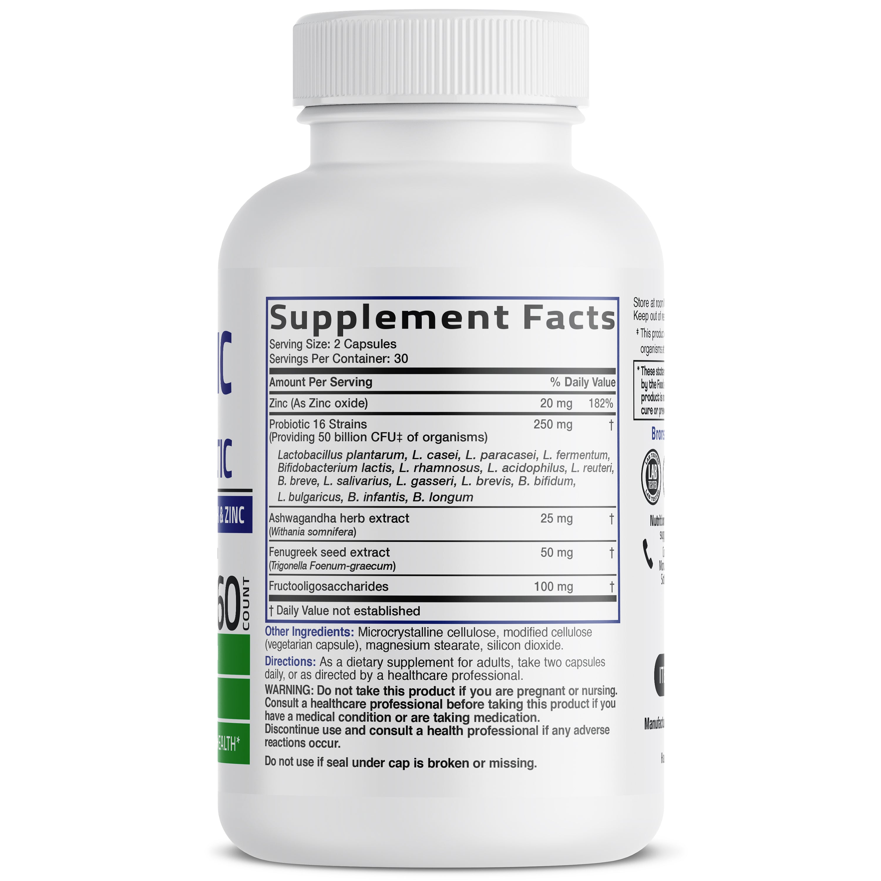 Men's Probiotic 50 Billion CFU Plus Prebiotic with Ashwagandha, Fenugreek & Zinc, 60 Vegetarian Capsules