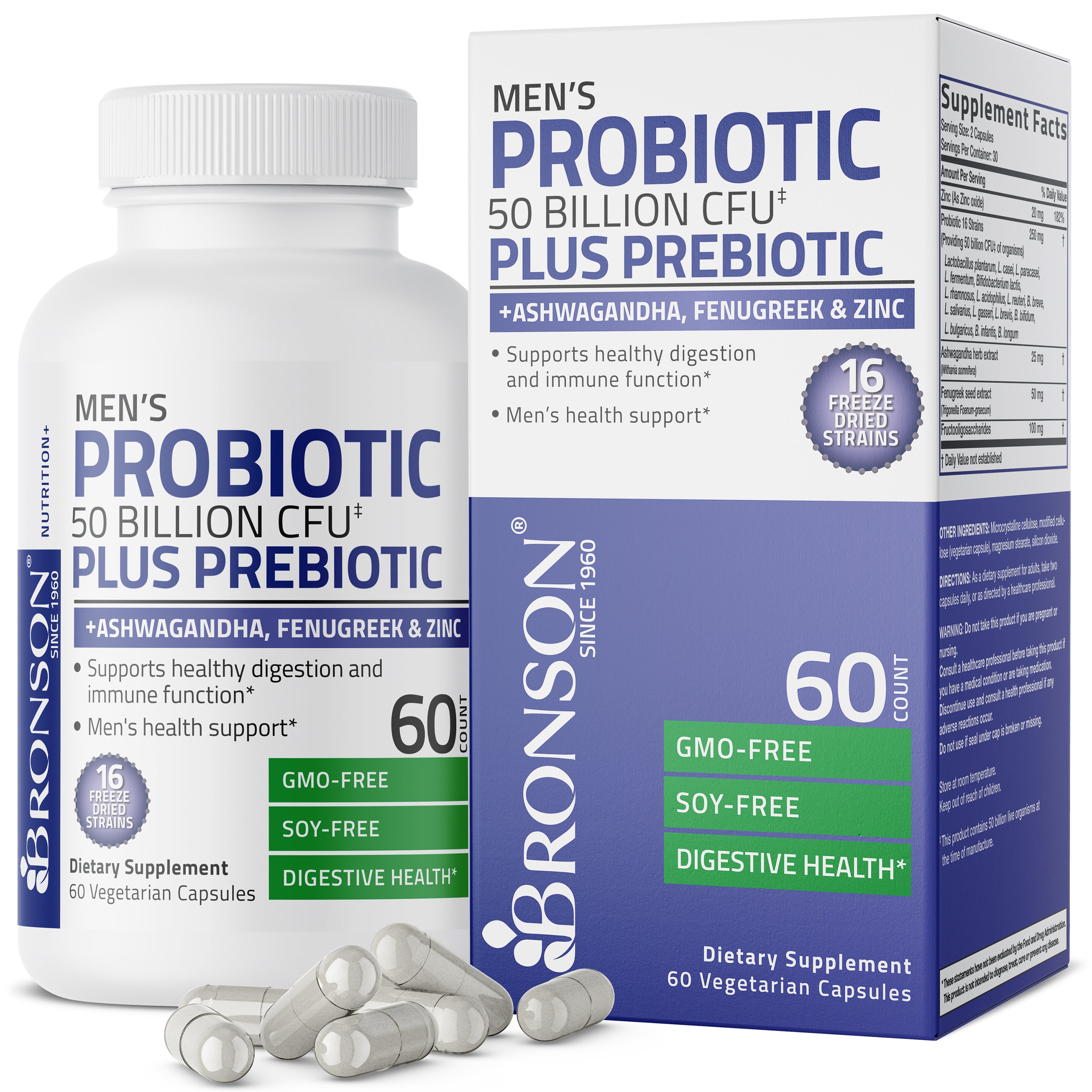Men's Probiotic 50 Billion CFU Plus Prebiotic with Ashwagandha, Fenugreek & Zinc, 60 Vegetarian Capsules
