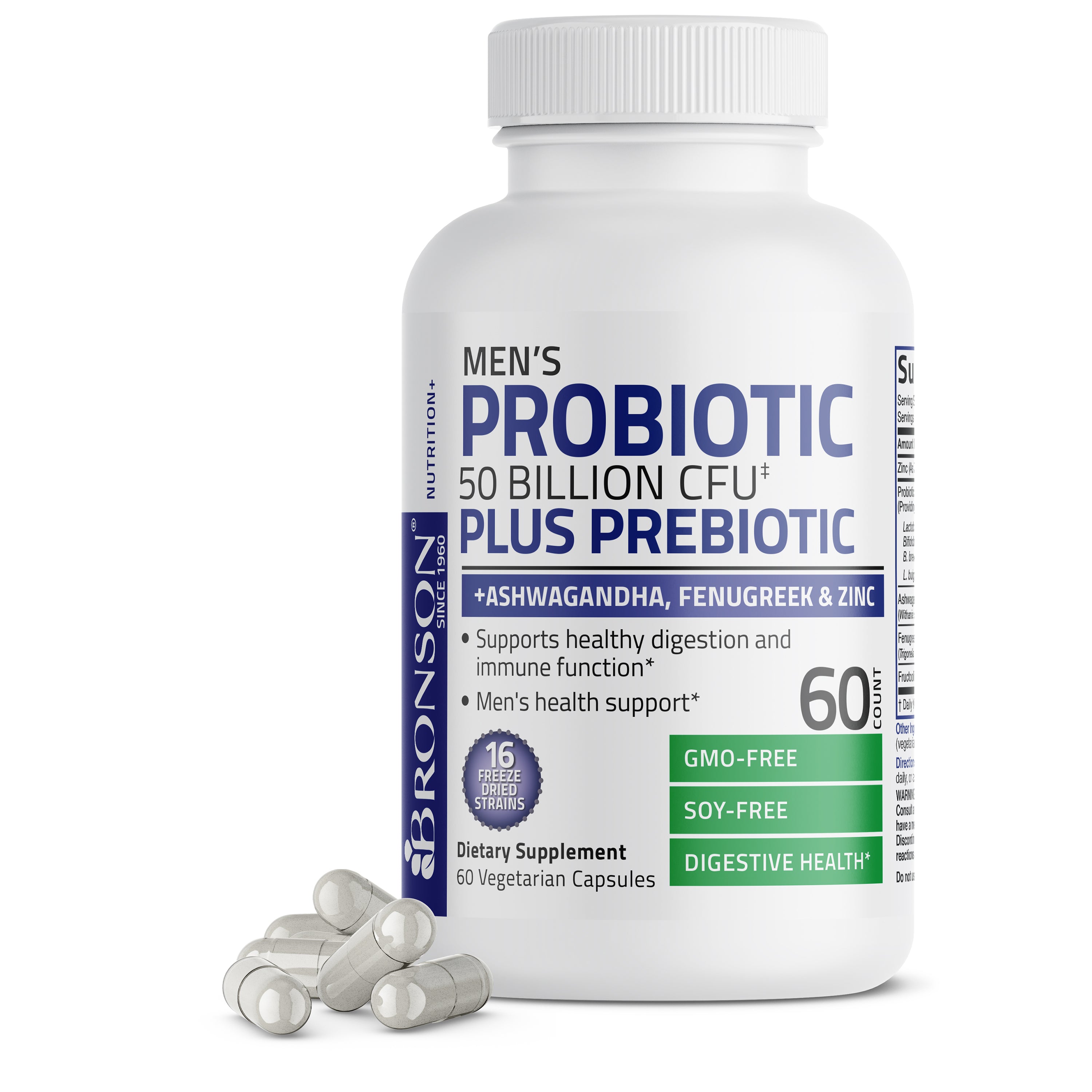 Men's Probiotic 50 Billion CFU Plus Prebiotic with Ashwagandha, Fenugreek & Zinc, 60 Vegetarian Capsules