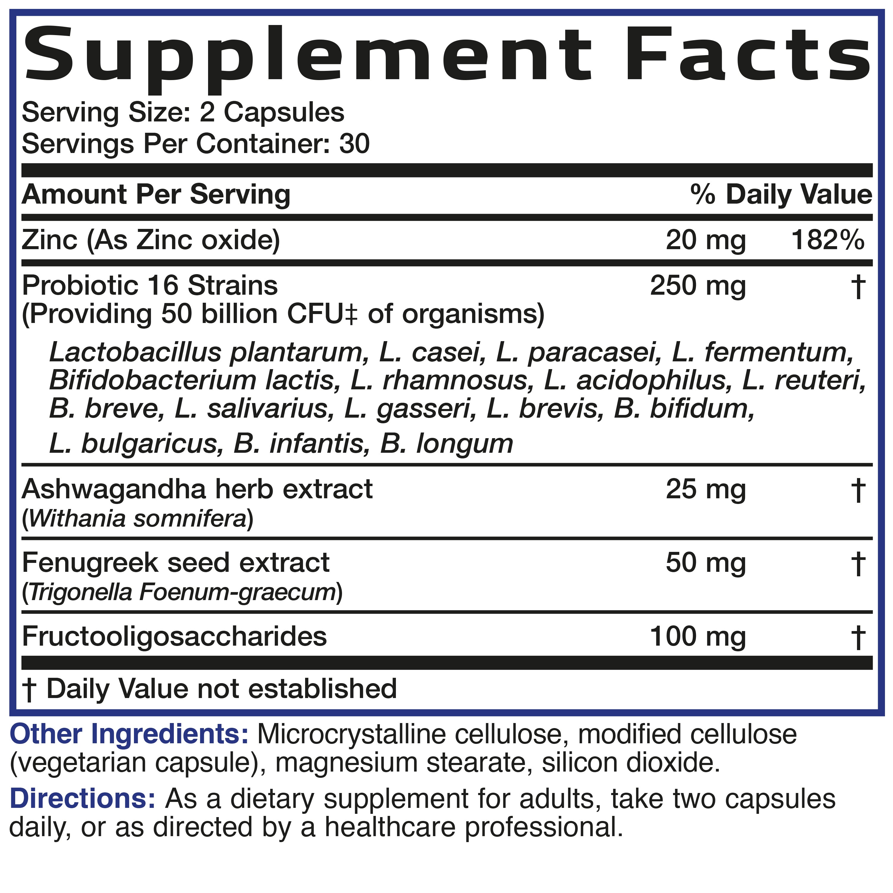 Men's Probiotic 50 Billion CFU Plus Prebiotic with Ashwagandha, Fenugreek & Zinc, 60 Vegetarian Capsules