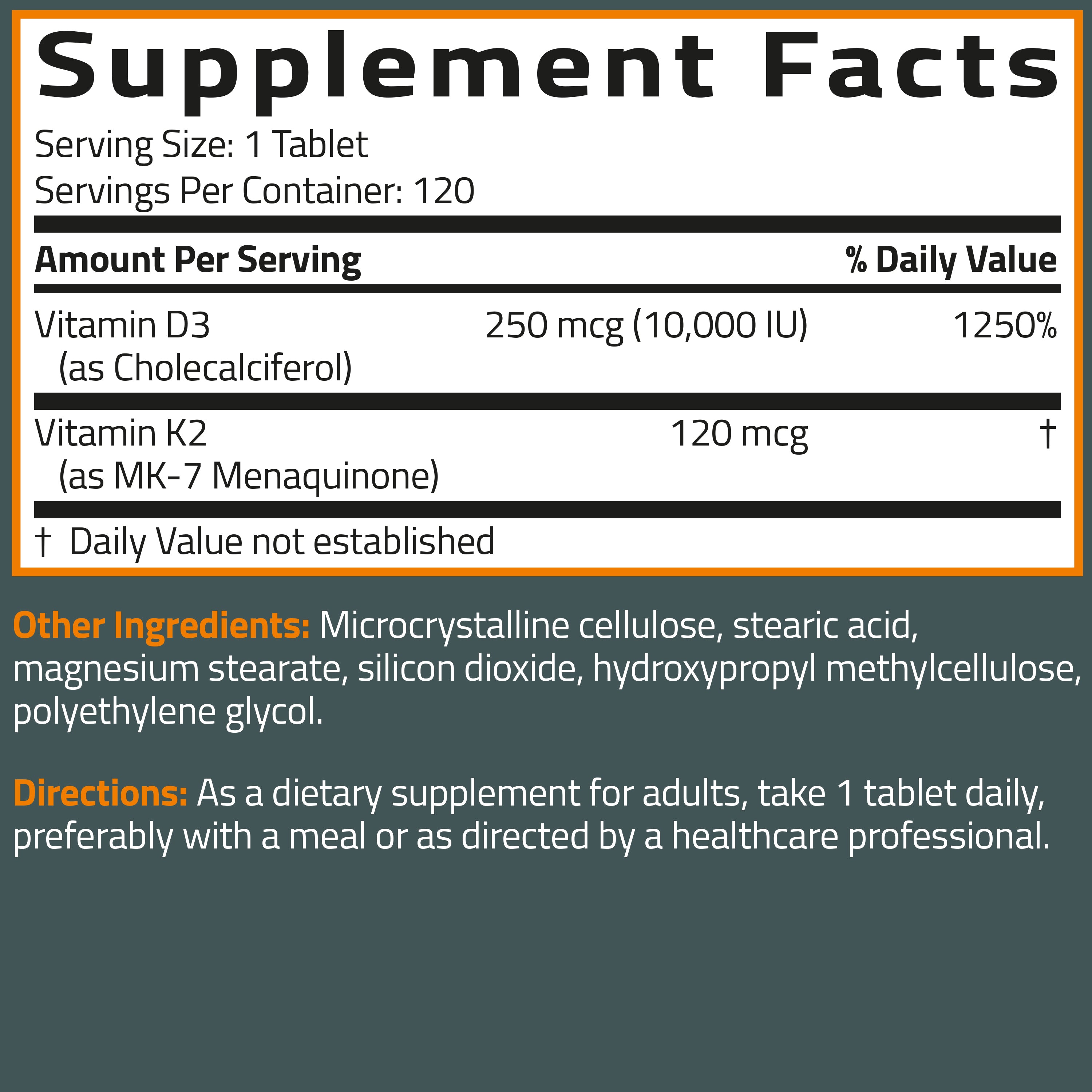 Vitamin K2 MK-7 Plus Vitamin D3 10,000 IU Extra Strength Tablets