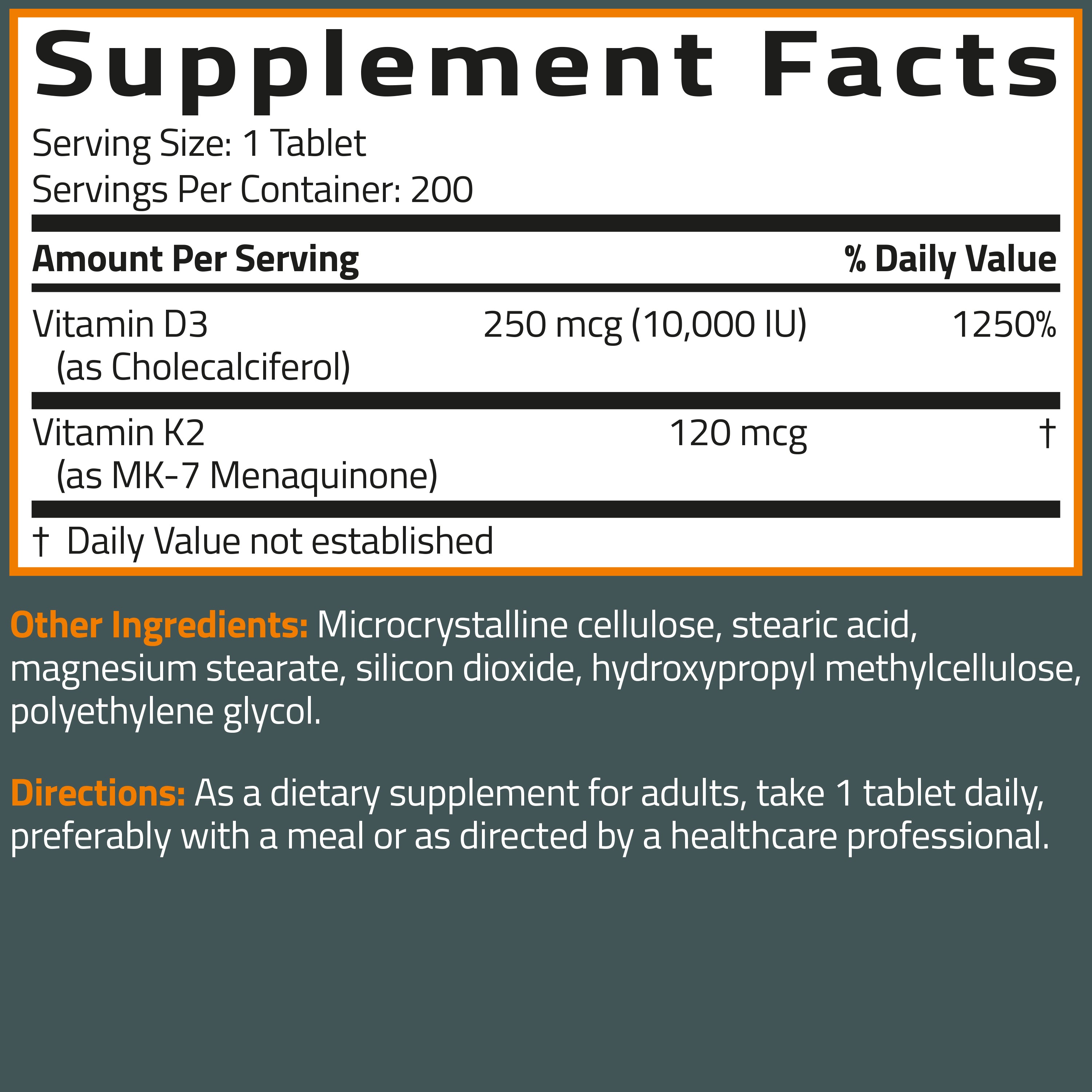 Vitamin K2 MK-7 Plus Vitamin D3 10,000 IU Extra Strength Tablets