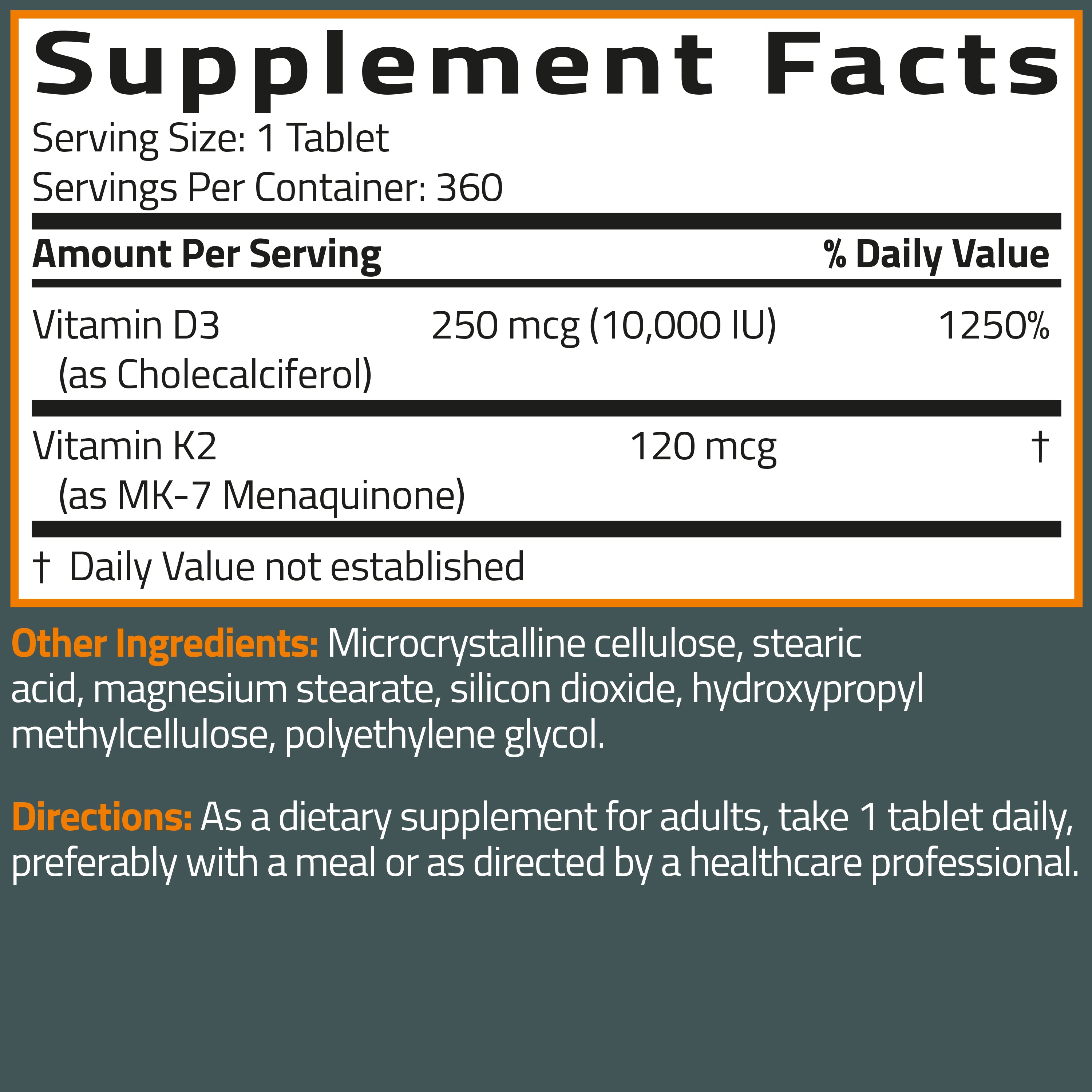 Vitamin K2 MK-7 Plus Vitamin D3 10,000 IU Extra Strength Tablets