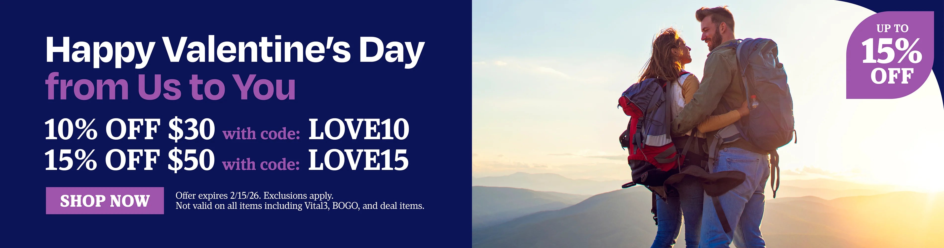 Happy Valentines day from us to you. 10% OFF $30 with code LOVE10, 15% OFF $50 with code LOVE15