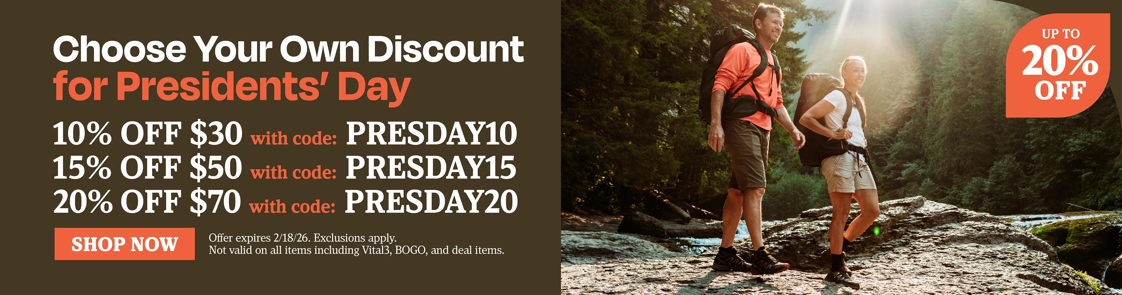 Choose your own discount for Presidents day. 10% OFF $30 with code PRESDAY10, 15% OFF $50 with code PRESDAY15 20% OFF $70 with code PRESDAY20