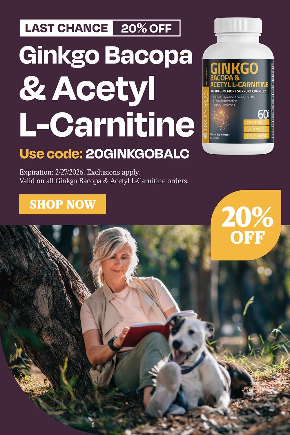 Last chance 20# off ginkgo bacopa and acetyl L-carnitine. Use code 20GINKGOBALC