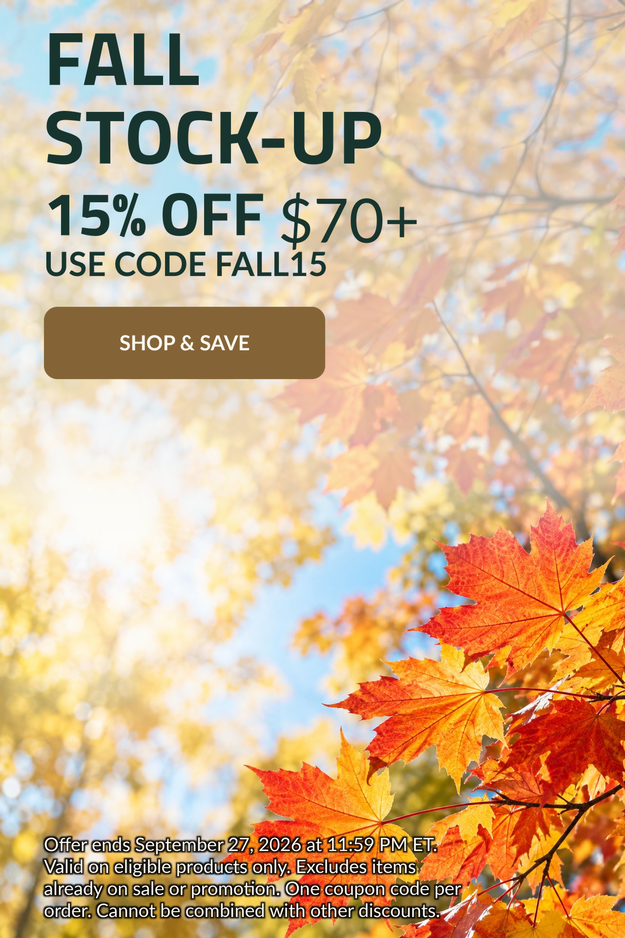 FALL STOCK-UP. 15% OFF $70+. Use code: FALL15.