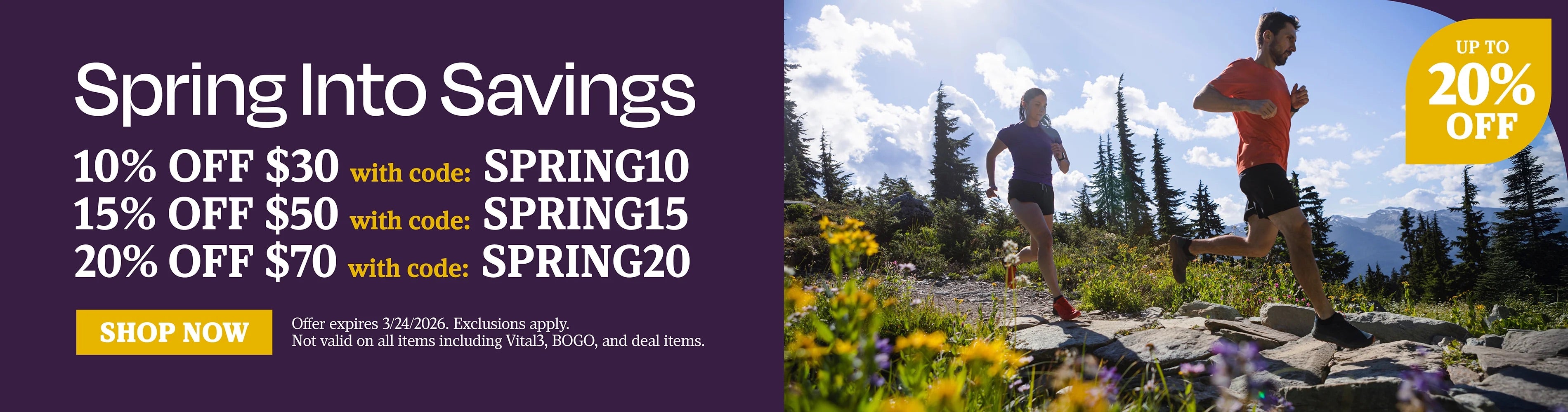 Spring into savings. 10% OFF $30 with code SPRING10, 15% OFF $50 with code SPRING15, 20% OFF $70 with code SPRING20