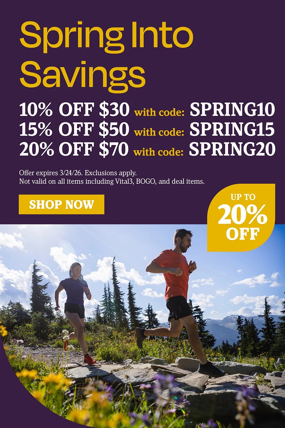 Spring into savings. 10% OFF $30 with code SPRING10, 15% OFF $50 with code SPRING15, 20% OFF $70 with code SPRING20