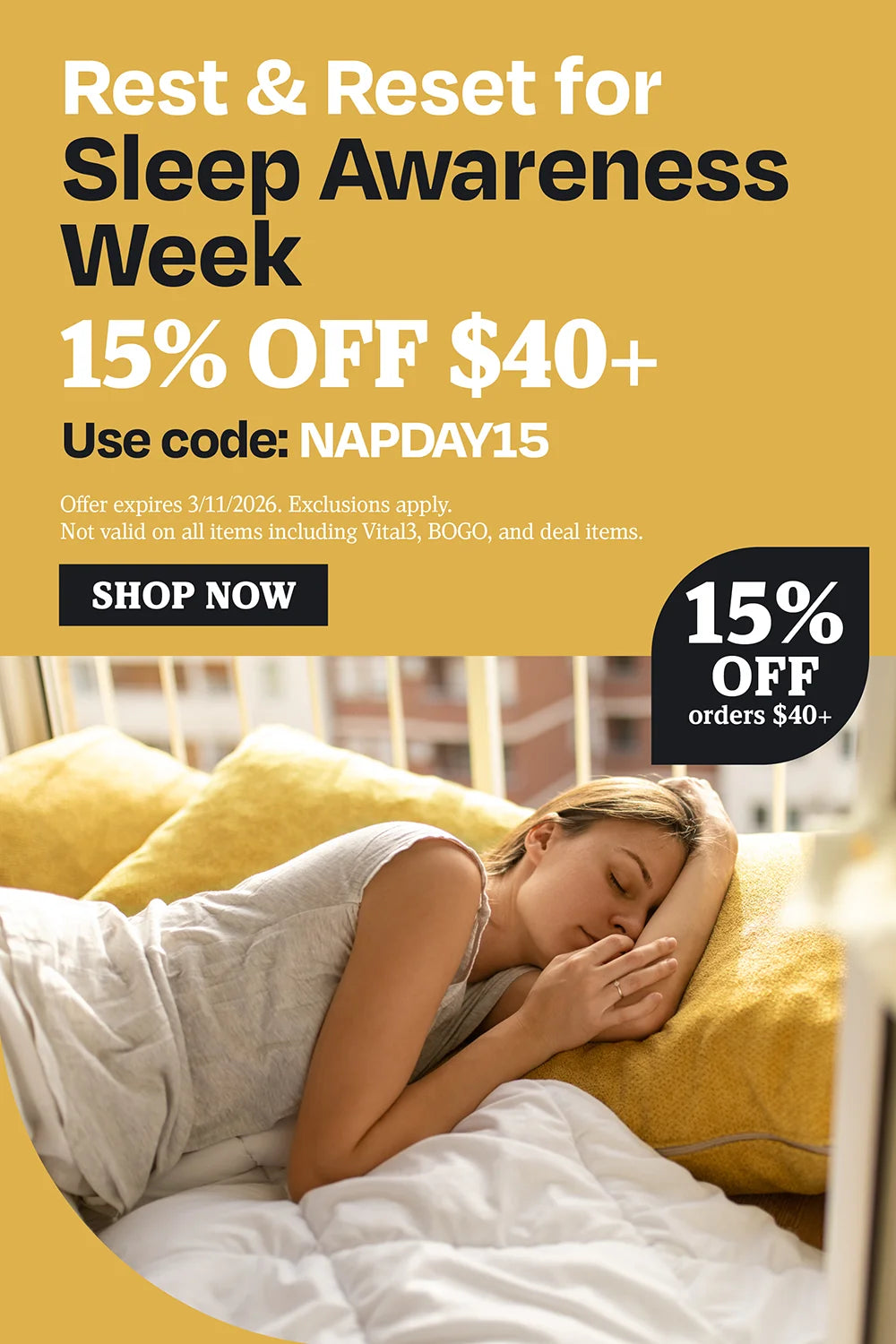 Rest & Reset for sleep awareness week. 15% OFF $40 use code NAPDAY15