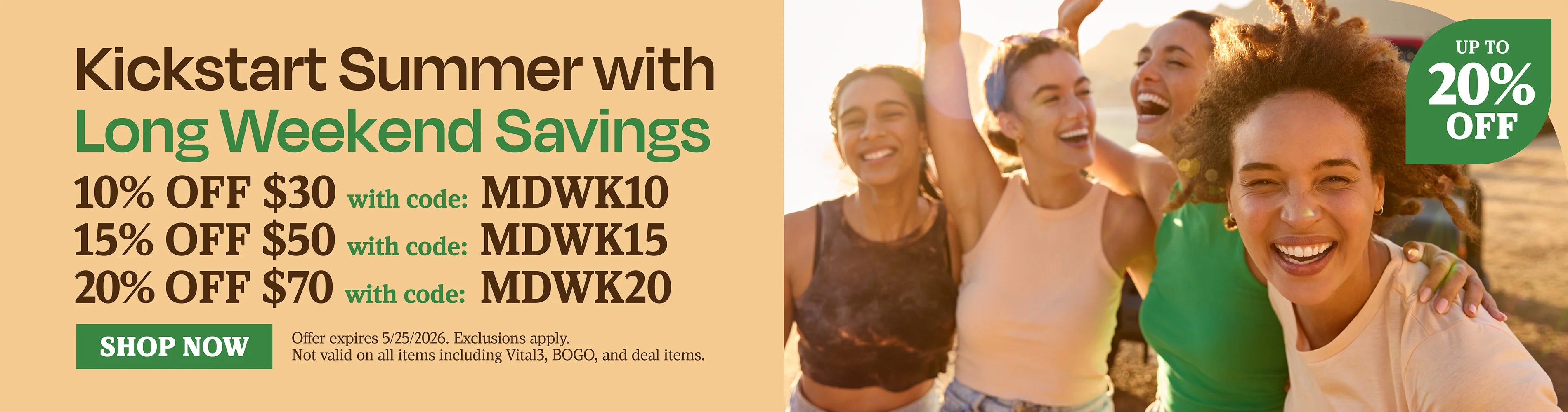 Kickstart summer with long weekend savings. 10% OFF $30 with code MDWK10, 15% OFF $50 with code MDWK15, 200% OFF $70 with code MDWK20