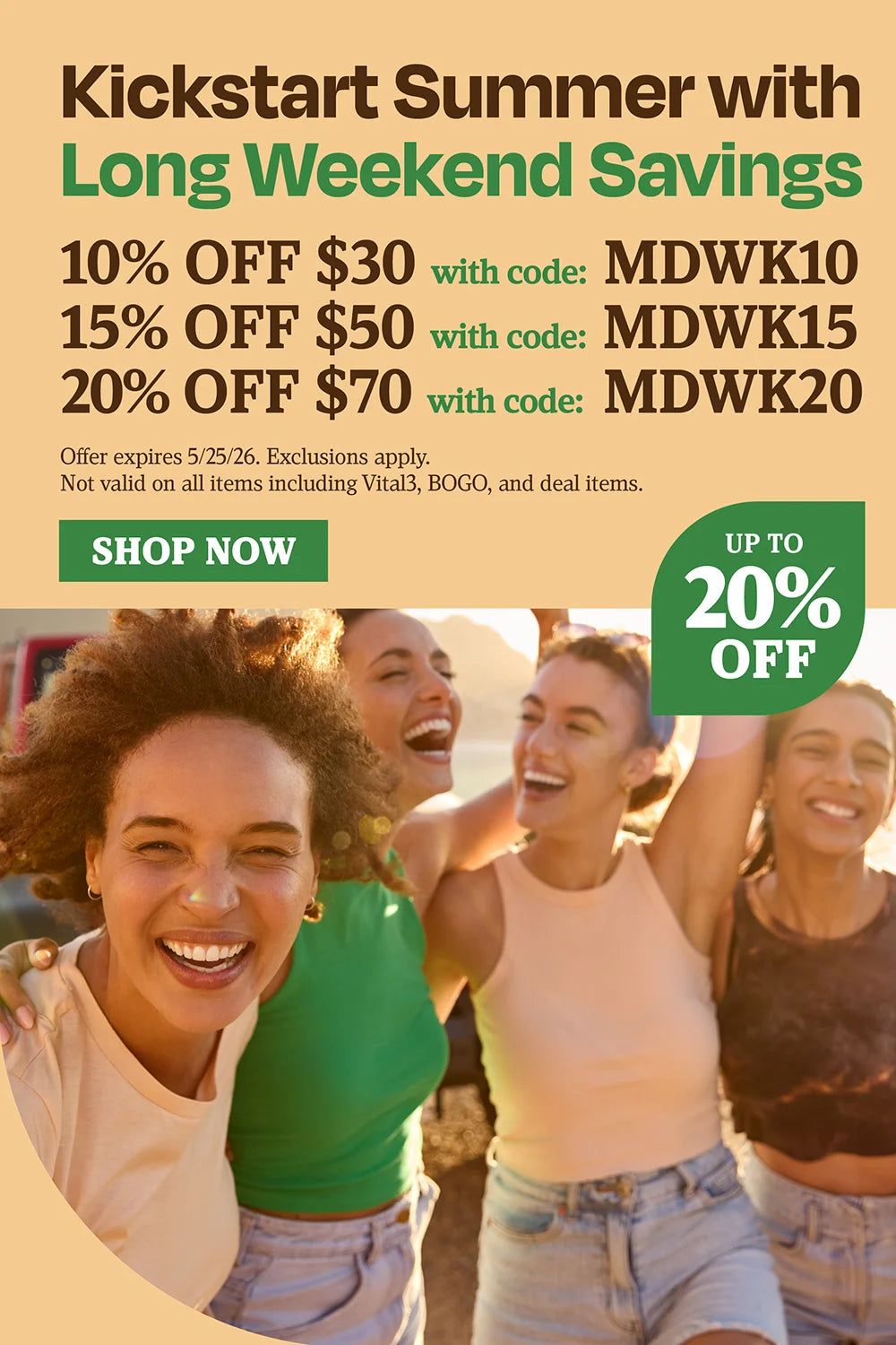 Kickstart summer with long weekend savings. 10% OFF $30 with code MDWK10, 15% OFF $50 with code MDWK15, 200% OFF $70 with code MDWK20