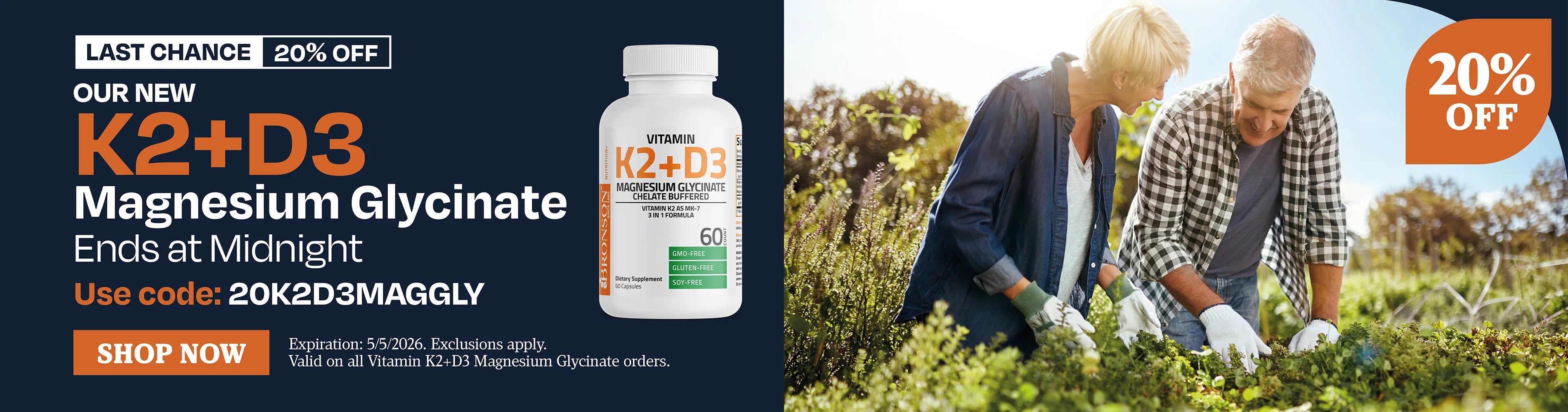 Last chance 20% OFF K2 D3 Magnesium Glycinate ends at midnight. use code 20K2D3MAGGLY