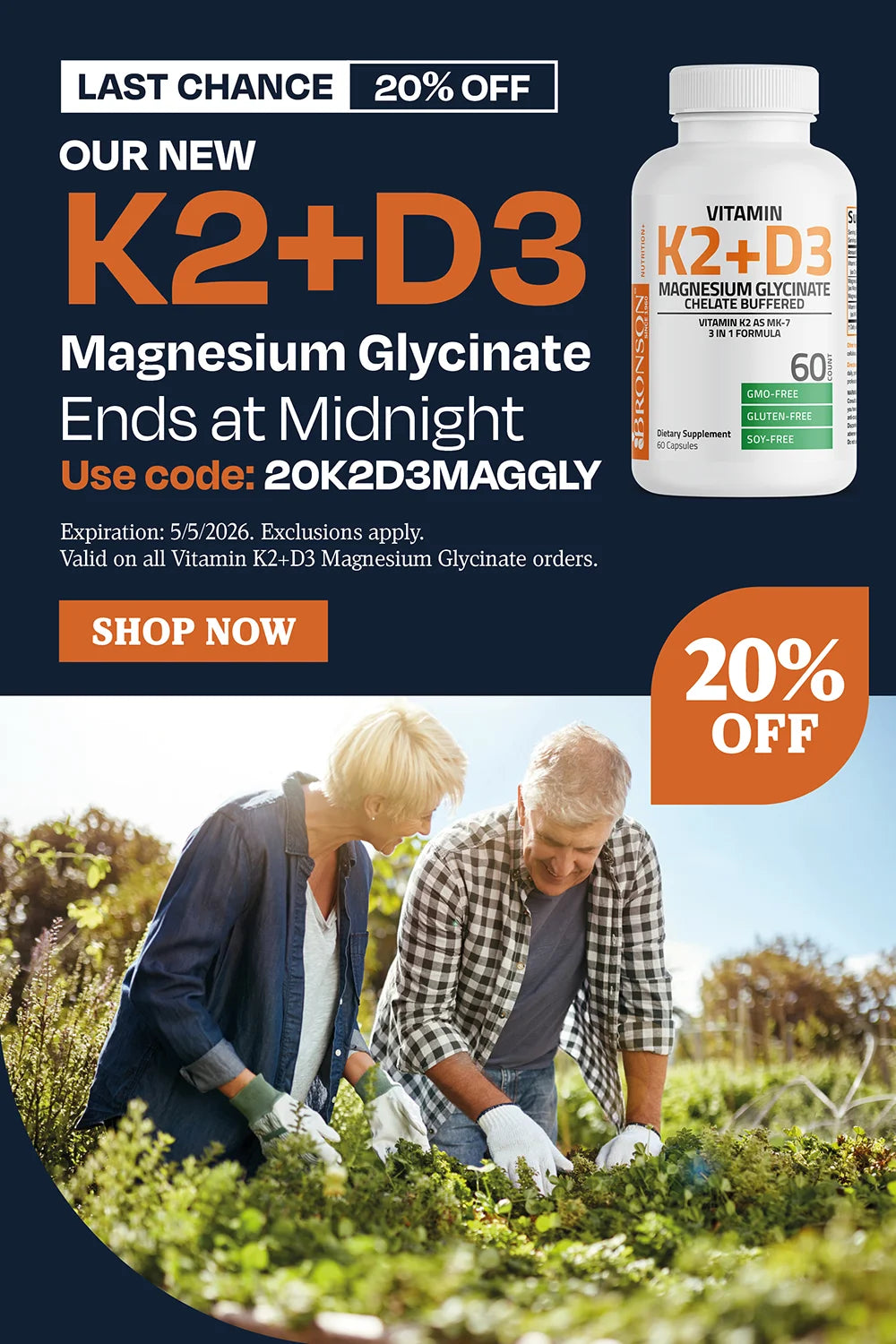 Last chance 20% OFF K2 D3 Magnesium Glycinate ends at midnight. use code 20K2D3MAGGLY