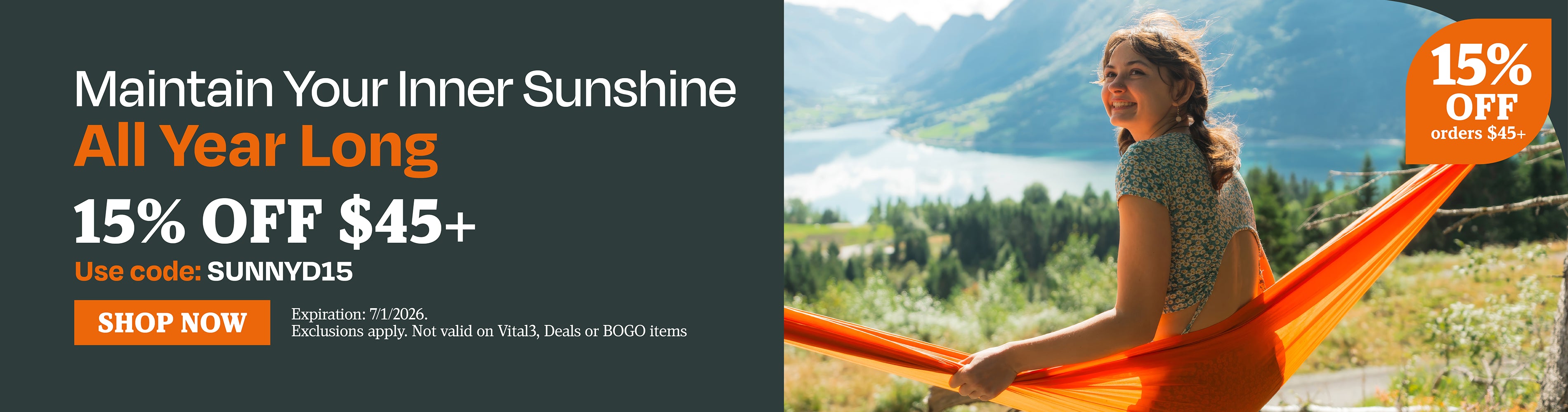 Maintain your inner sunshine all year long. 15% OFF $45 use code SUNNYD15