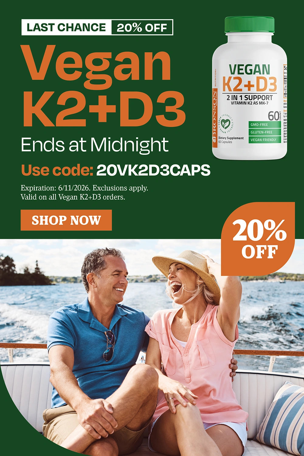 LAST CHANCE. 20% OFF. Vegan K2+D3. Ends at Midnight. Use code: 20VK2D3CAPS.