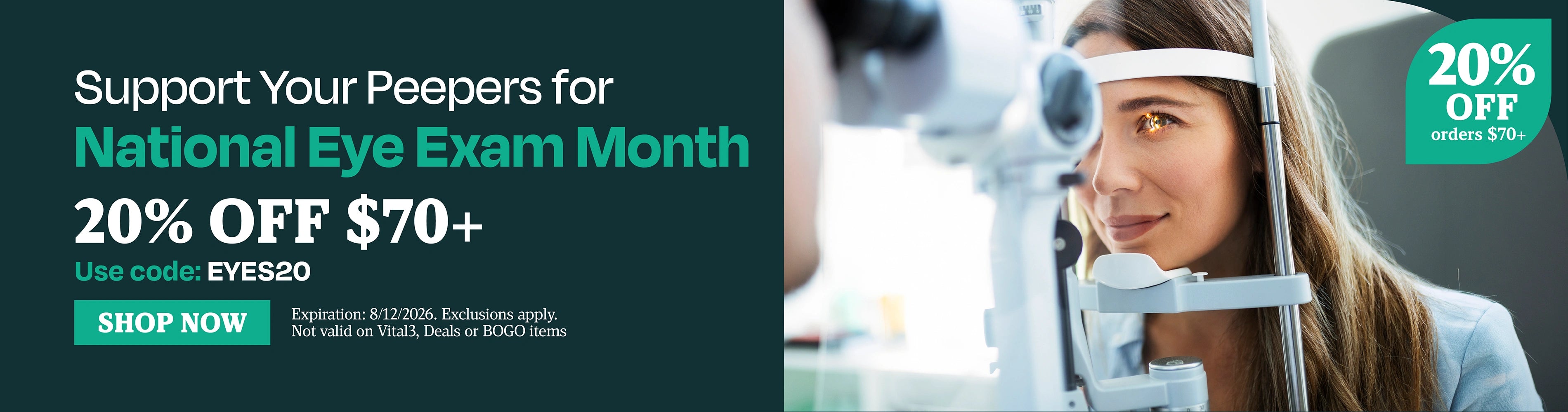 Support Your Peeper for National Eye Exam Month. Shop 20% OFF $70+. Use code: EYES20