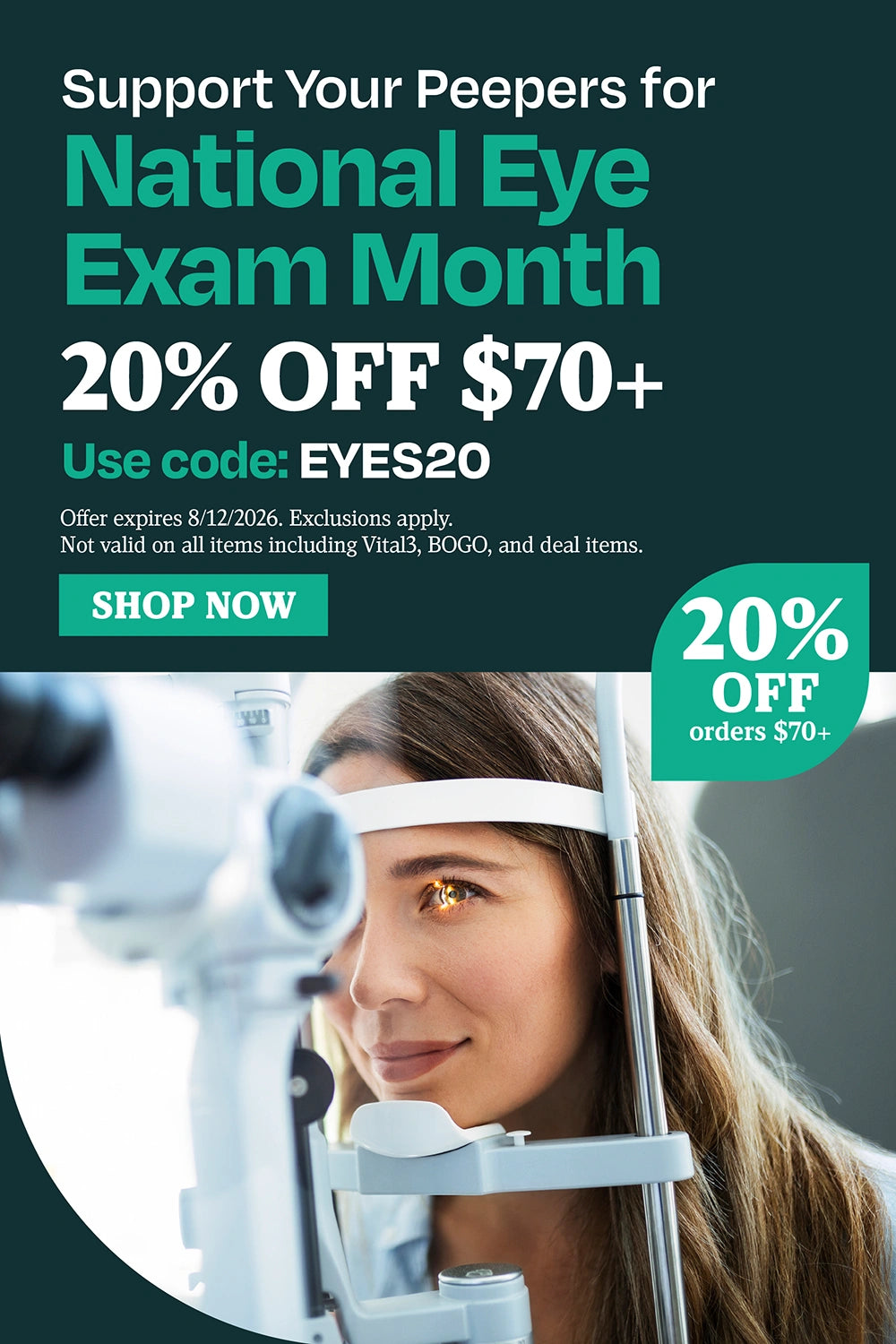 Support Your Peeper for National Eye Exam Month. Shop 20% OFF $70+. Use code: EYES20