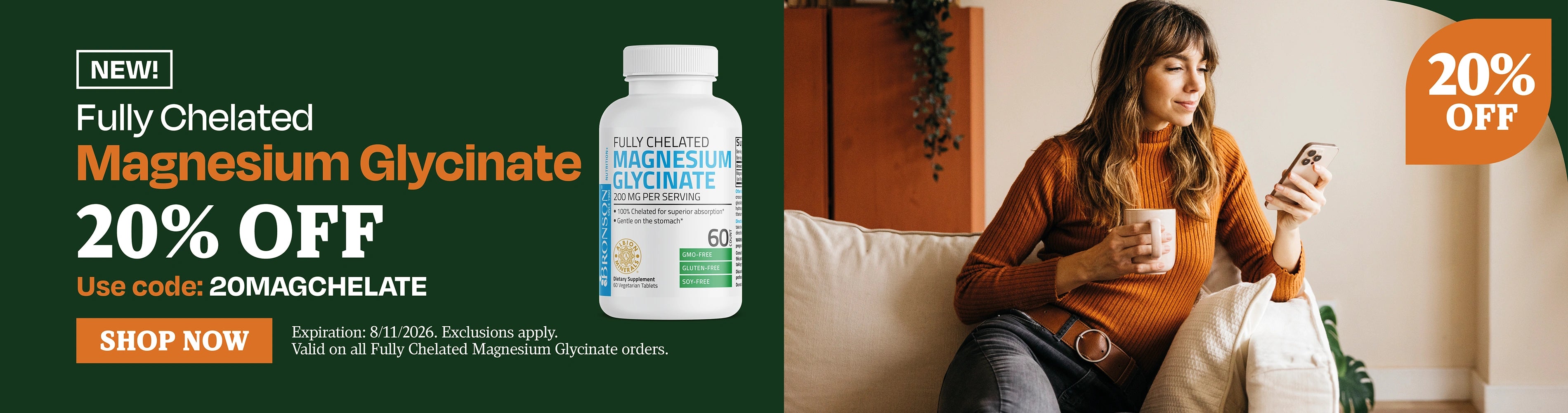 NEW! Fully Chelated Magnesium Glycinate. 20% OFF. Use code: 20MAGCHELATE.