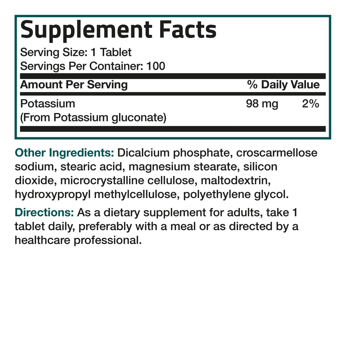 Potassium Gluconate - 98 mg - 100 Tablets | Vitamins & Supplements ...