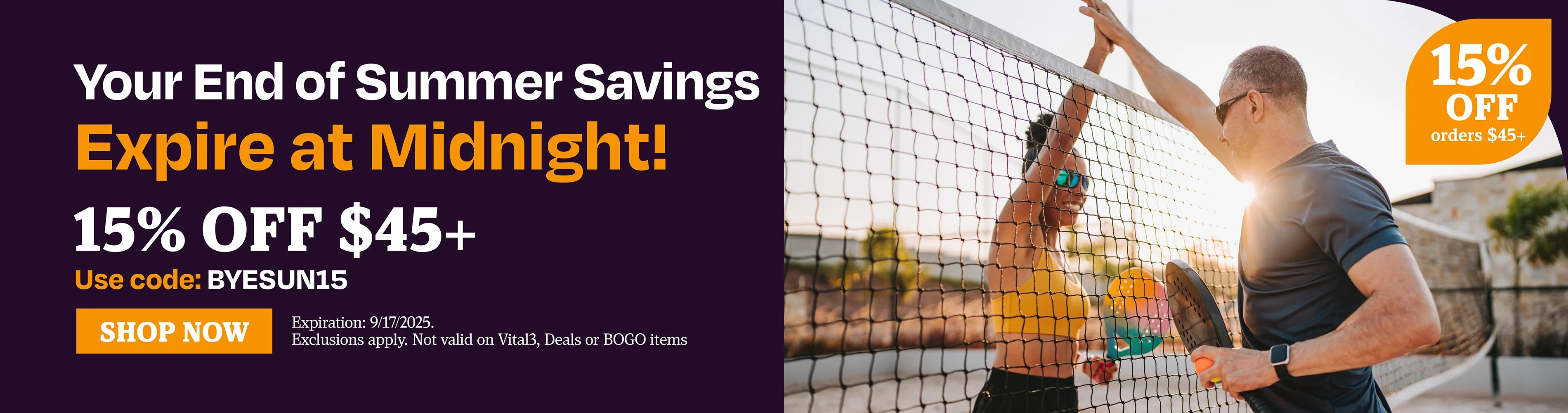 Your end of summer savings expire at midnight! 15% OFF $45 use code BYESUN15