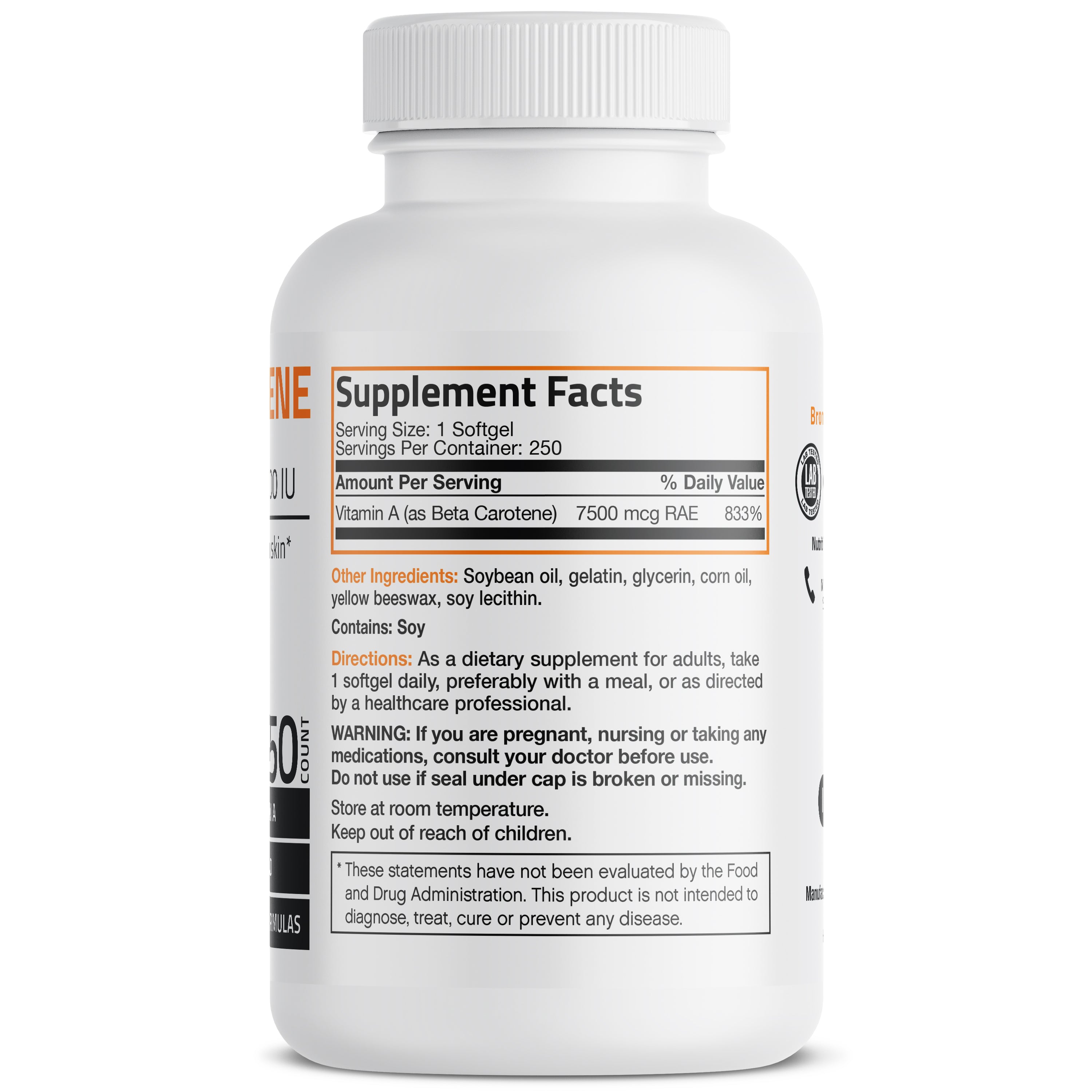 Vitamin A Beta Carotene -7,500 MCG (25,000 IU), 250 Softgels view 2 of 4