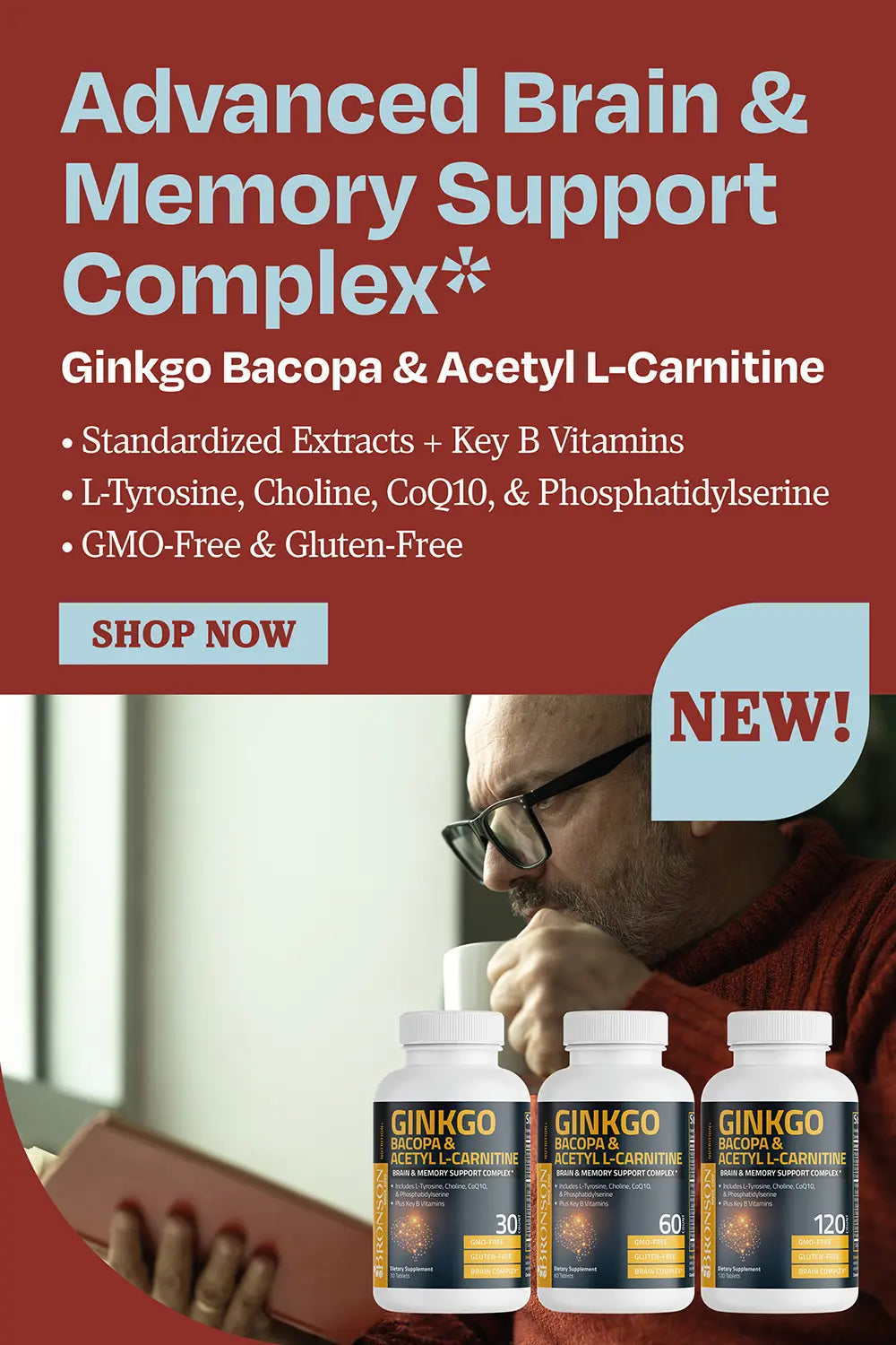 Advanced brain and memory support complex. Gingko, bacopa and acetyl l- carnitine. Standardized extracts + key b vitamins, l-tyrosine, choline, Coq10, and phosphatidylserine, gmo free and gluten free