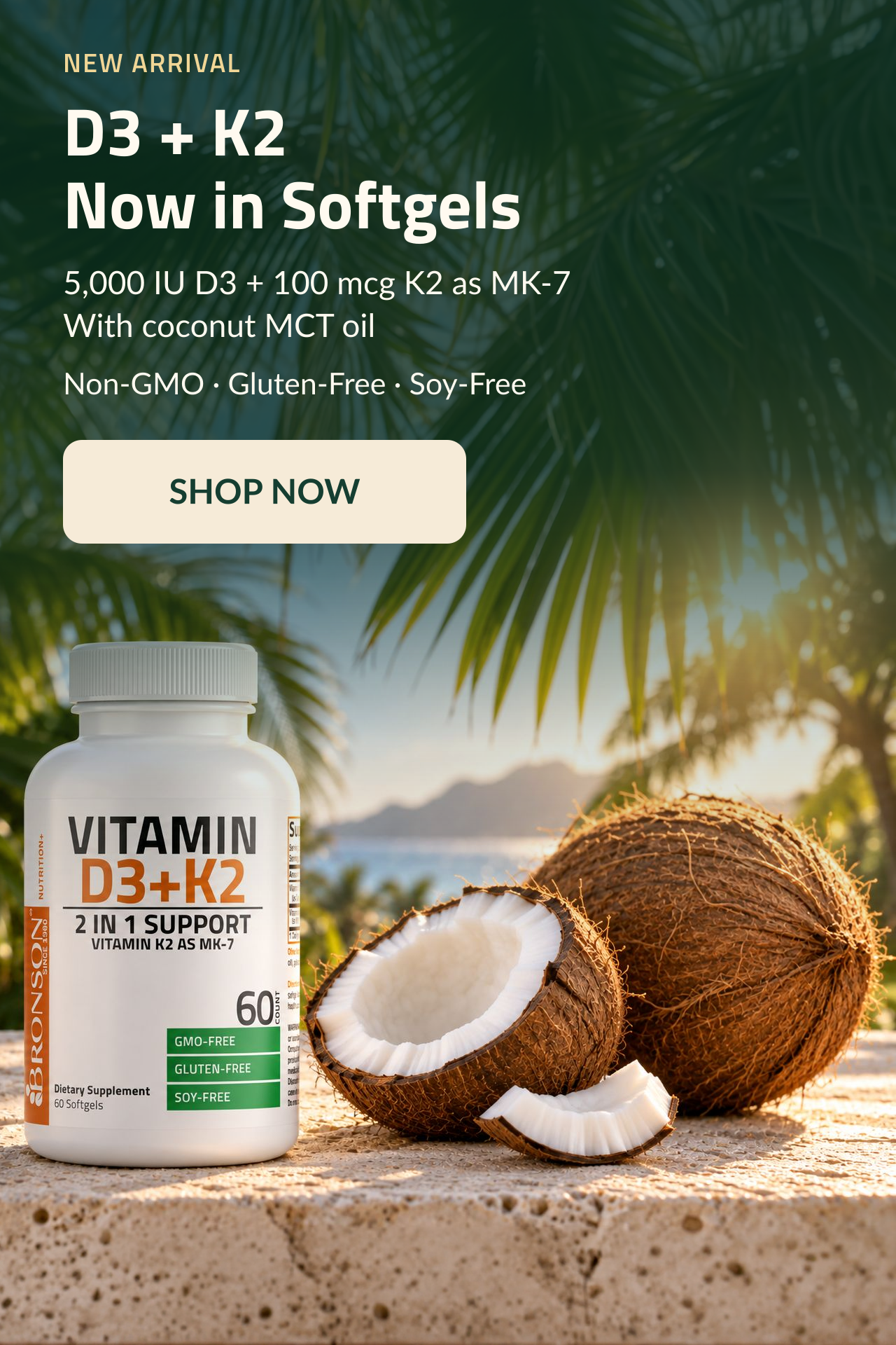 NEW ARRIVAL. D3 + K2 now in softgels. 5,000 IU D3 + 100 mcg K2 as MK-7 without coconut MCT oil.