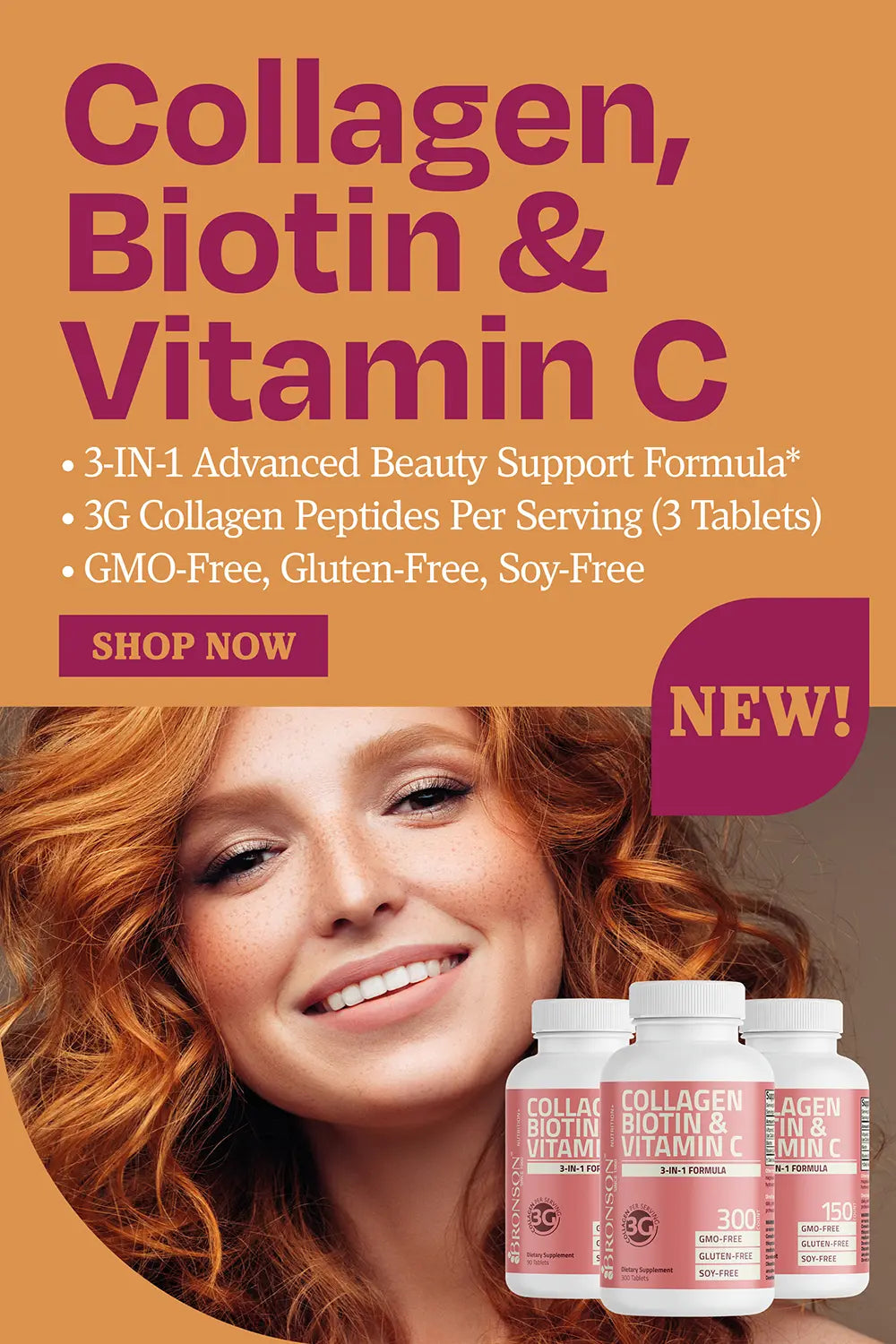 Collagen, biotin, and vitamin c. 3 in 1 advanced beauty formula, 3G collagen peptides per serving (3 tablets), GMO FREE, gluten free, soy free