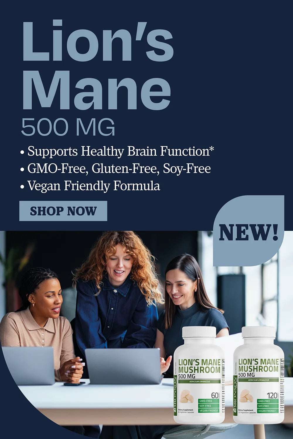 Lion's mane 500mg. Supports healthy brain function, geo-free, gluten-free, soy-free, vegan riendly formula