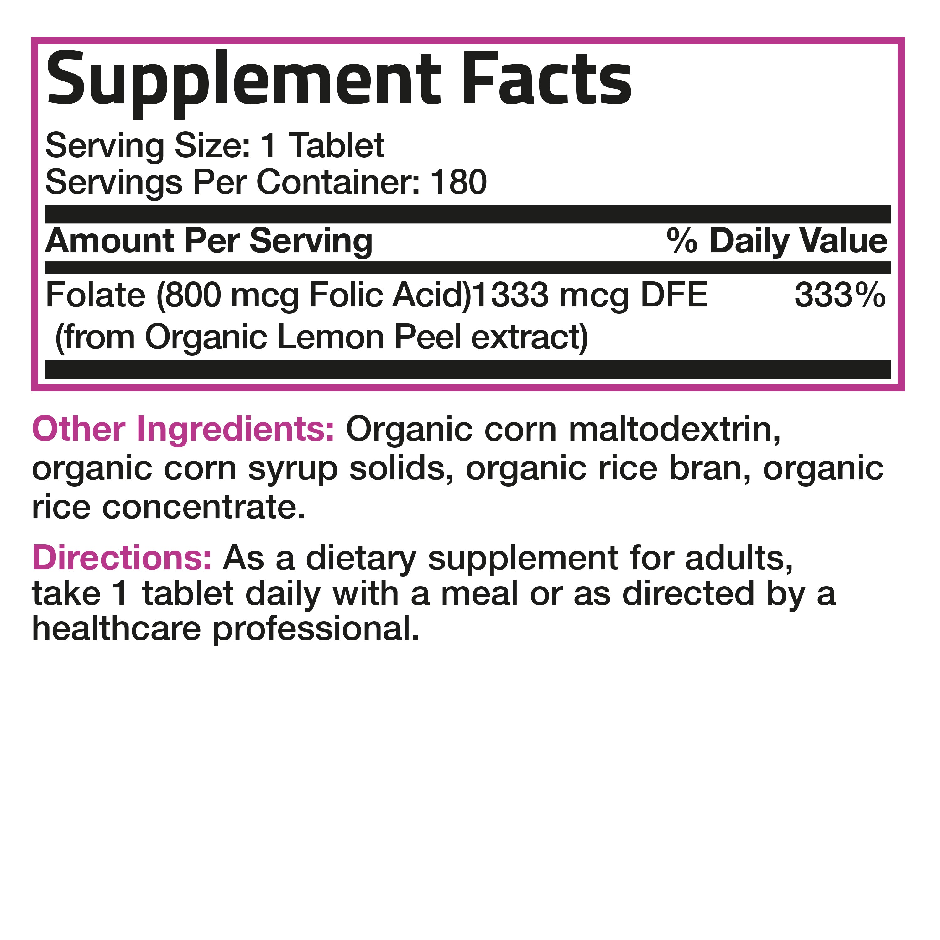 Folic Acid (Folate) Vegetarian USDA Certified Organic - 800 mcg view 5 of 12