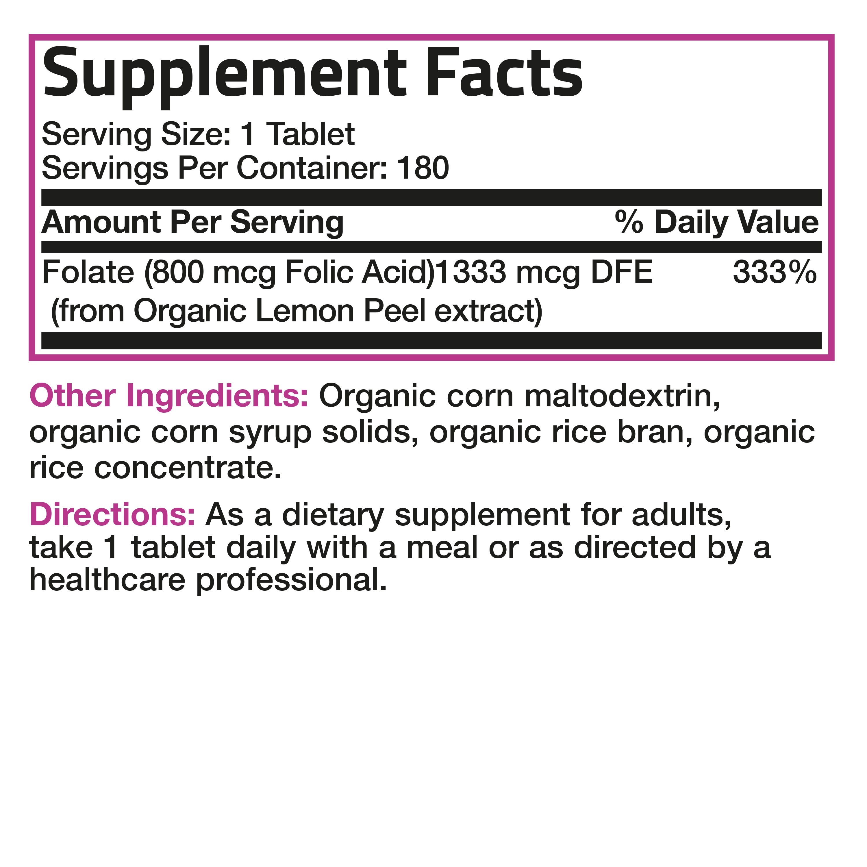 Folic Acid (Folate) Vegetarian USDA Certified Organic - 800 mcg view 4 of 12