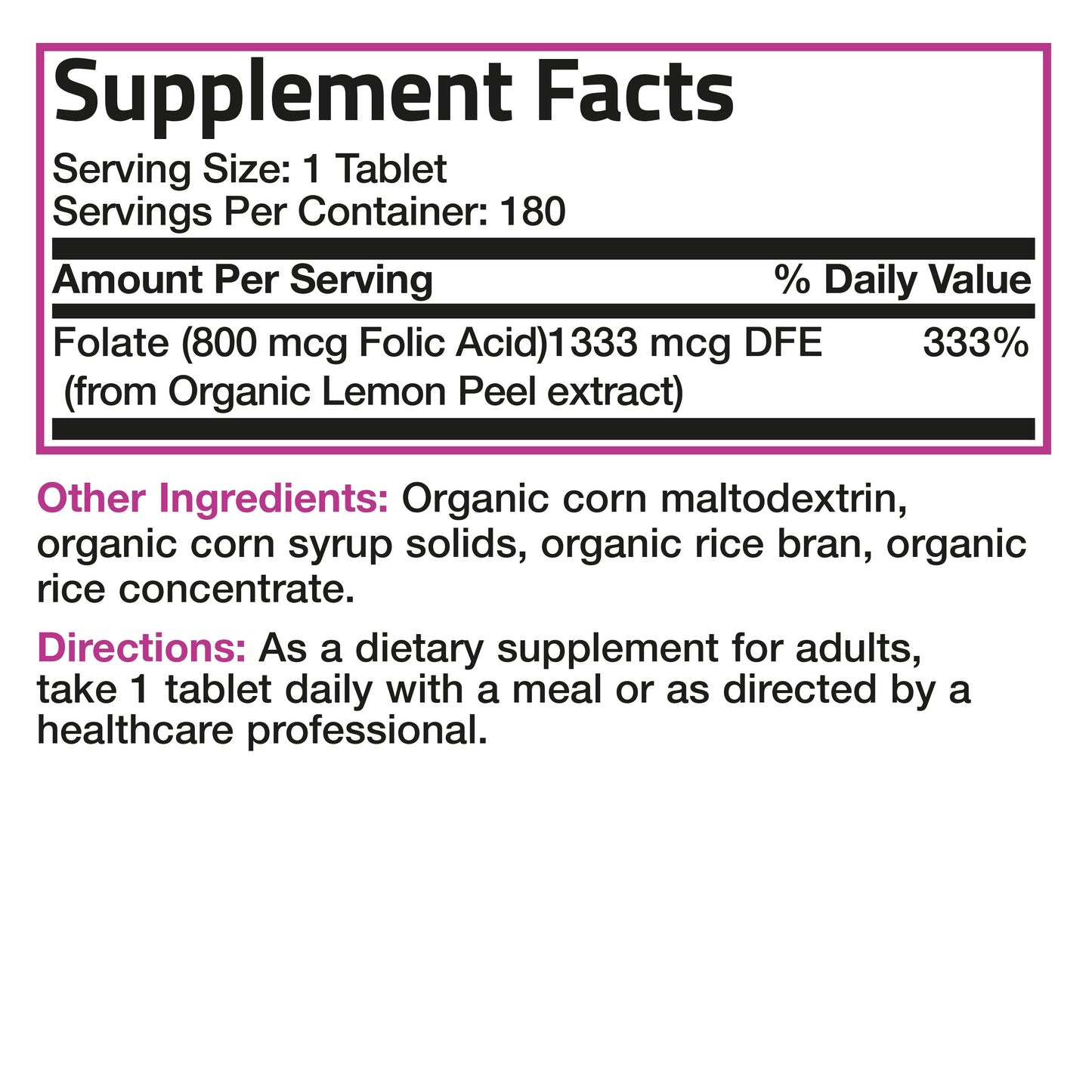 Folic Acid (Folate) Vegetarian USDA Certified Organic - 800 mcg