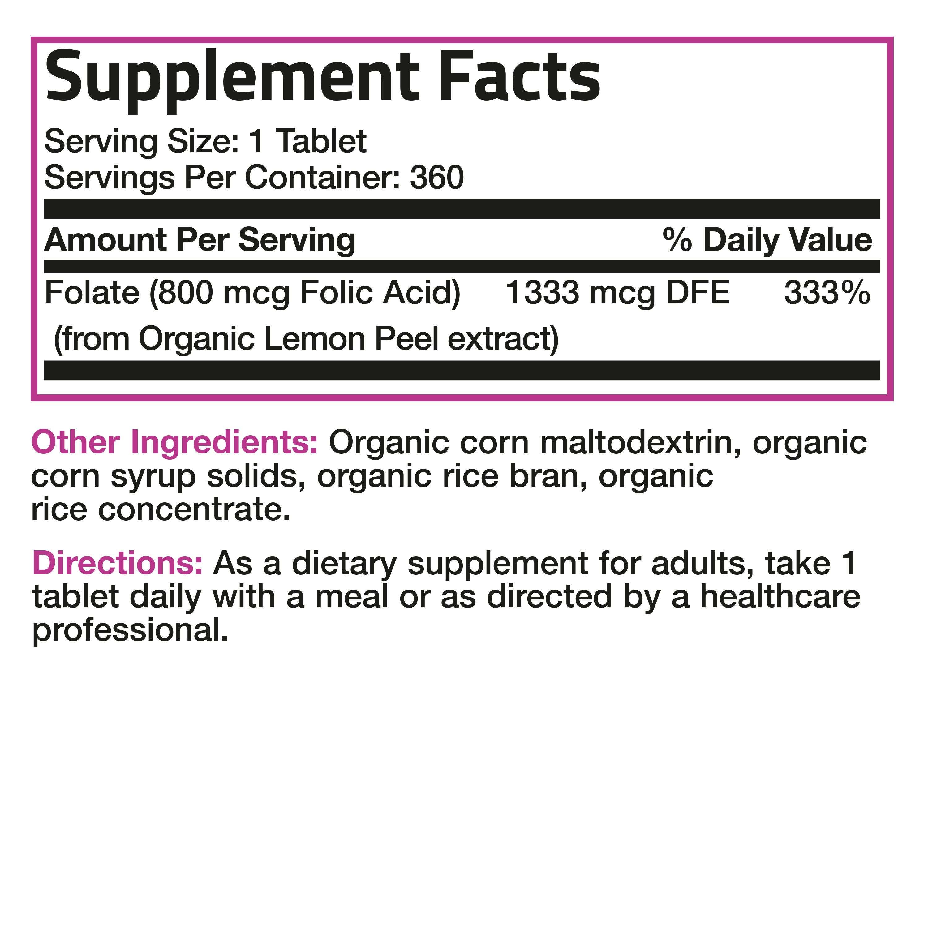 Folic Acid (Folate) Vegetarian USDA Certified Organic - 800 mcg