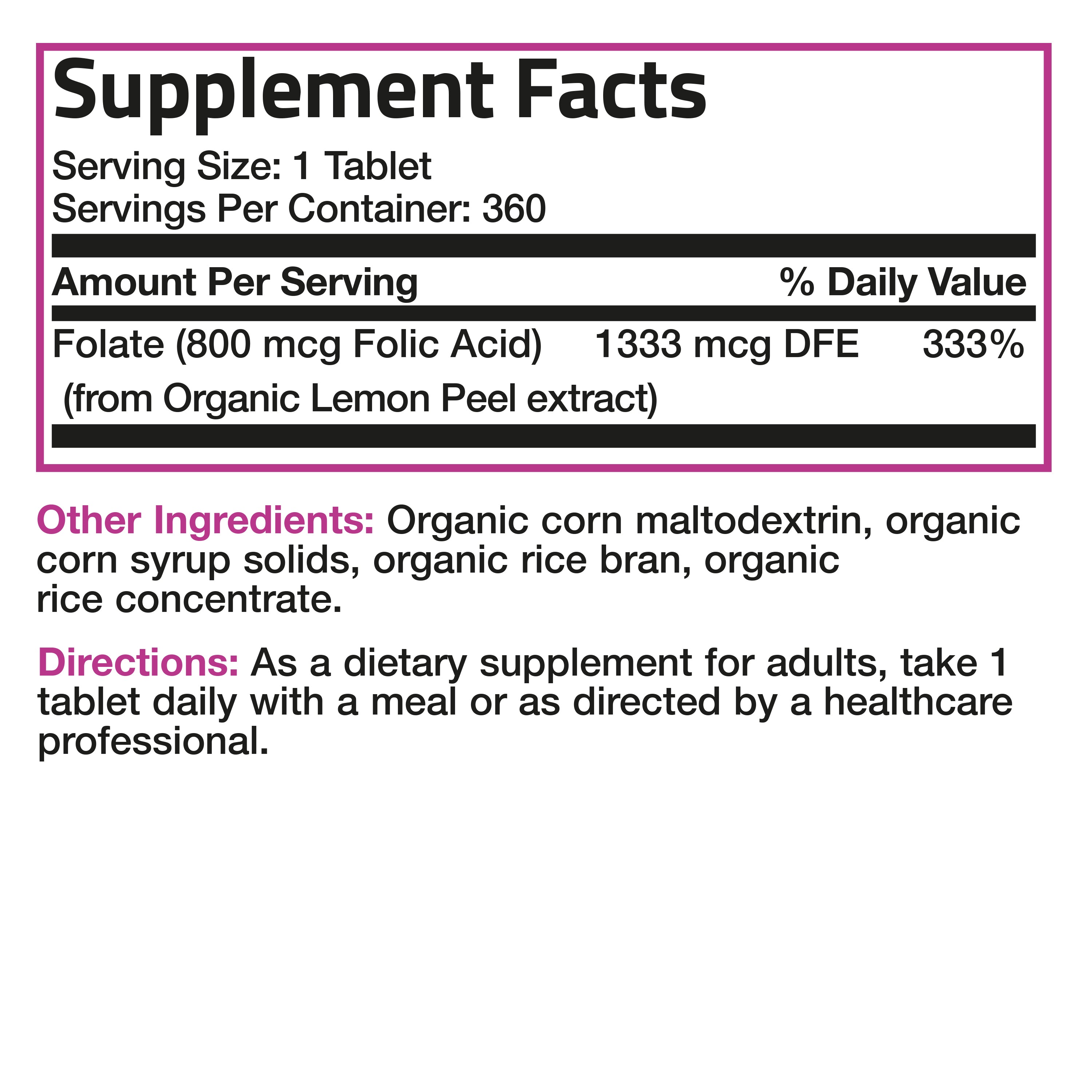 Folic Acid (Folate) Vegetarian USDA Certified Organic - 800 mcg view 9 of 12