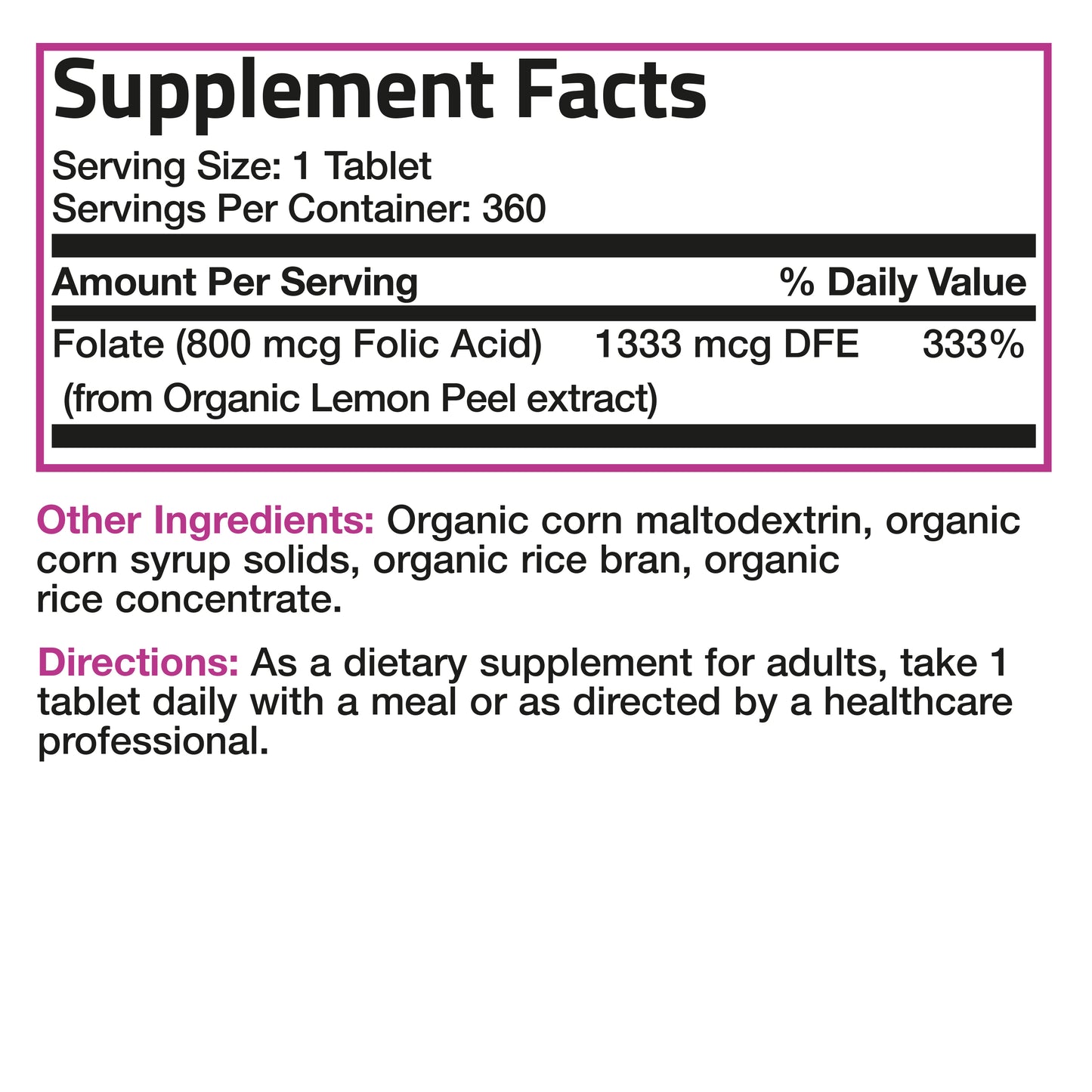 Folic Acid (Folate) Vegetarian USDA Certified Organic - 800 mcg