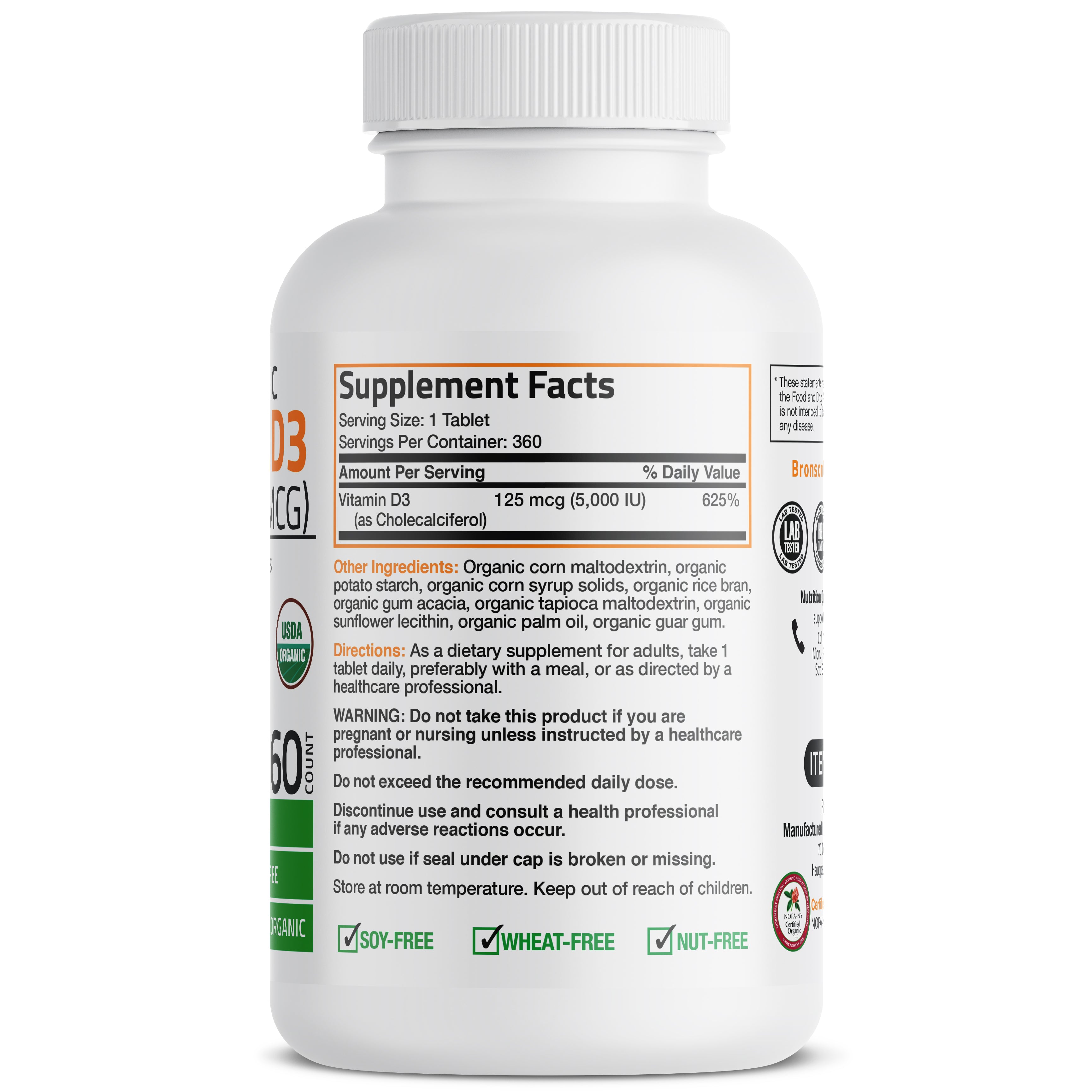 Bronson Vitamin D3 USDA Certified Organic 5,000 IU 90 Tablets