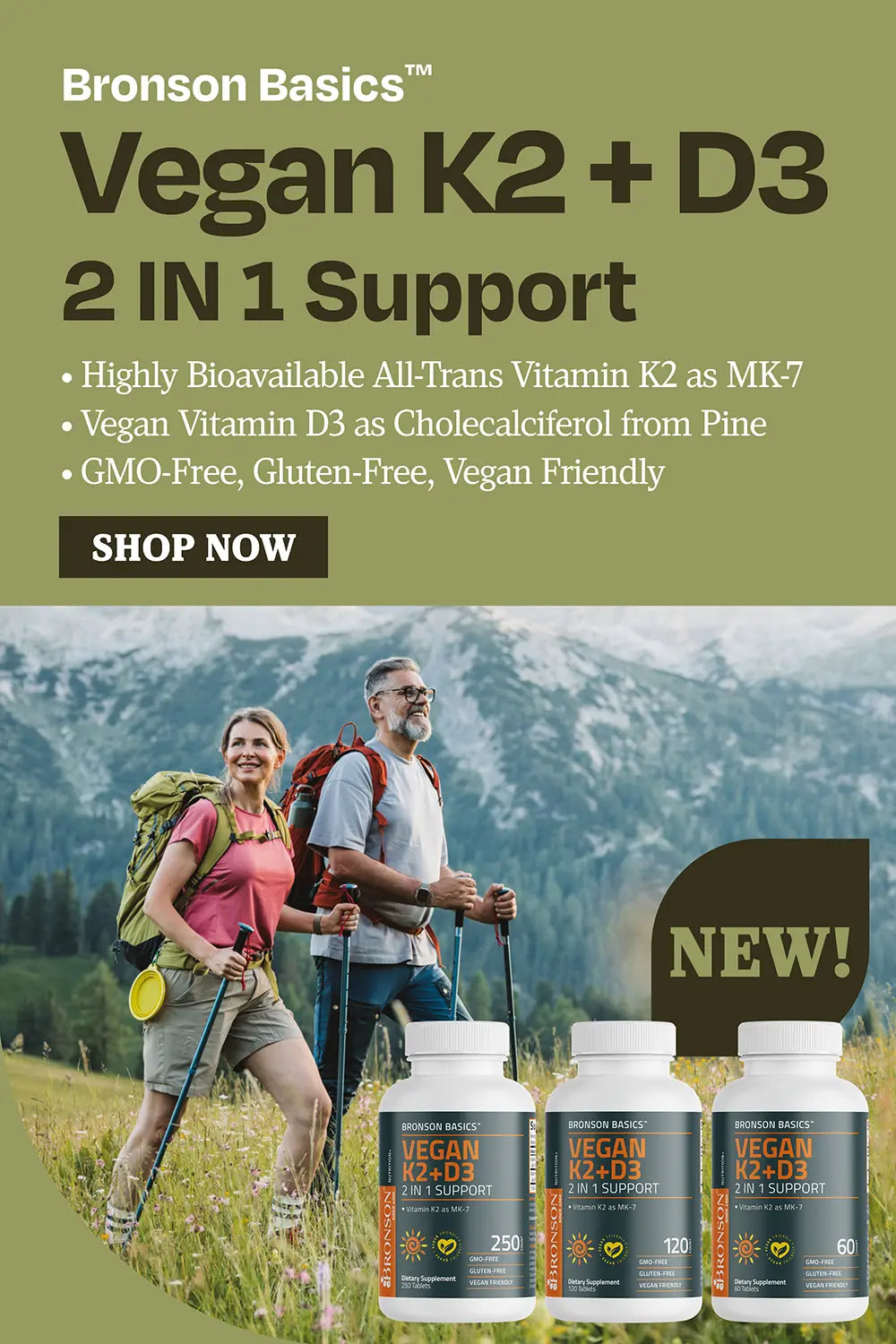 Bronson basics vegan k2 + d3. 2 in 1 support. Highly bioavailable all trans vitamin k2 as mk7. Vegan vitamin d3 as cholecalciferol from pine. GMO free, gluten free, vegan friendly 
