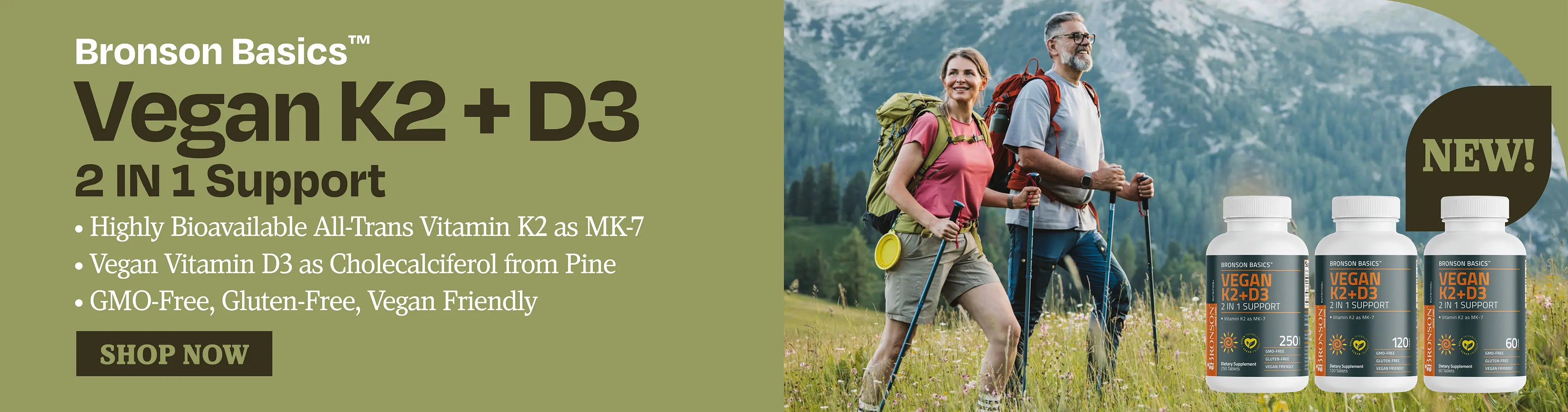 Bronson basics vegan k2 + d3. 2 in 1 support. Highly bioavailable all trans vitamin k2 as mk7. Vegan vitamin d3 as cholecalciferol from pine. GMO free, gluten free, vegan friendly 