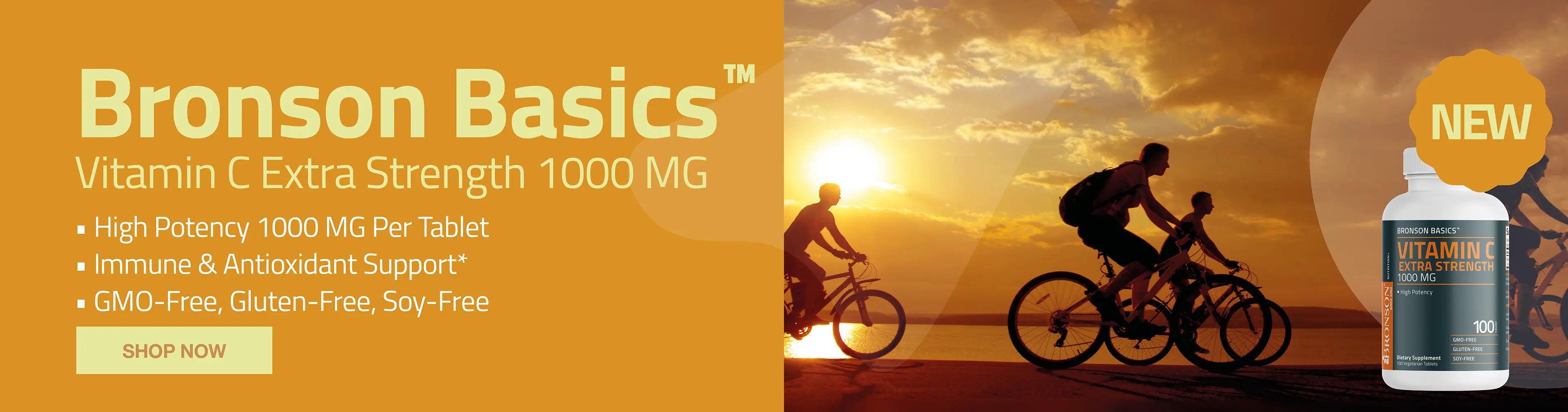 Bronson basics vitamin c extra strength 1000 mg. High potency 1000 mg per tablet, immune & antioxidant support, GMO-free, gluten-free, soy-free. 