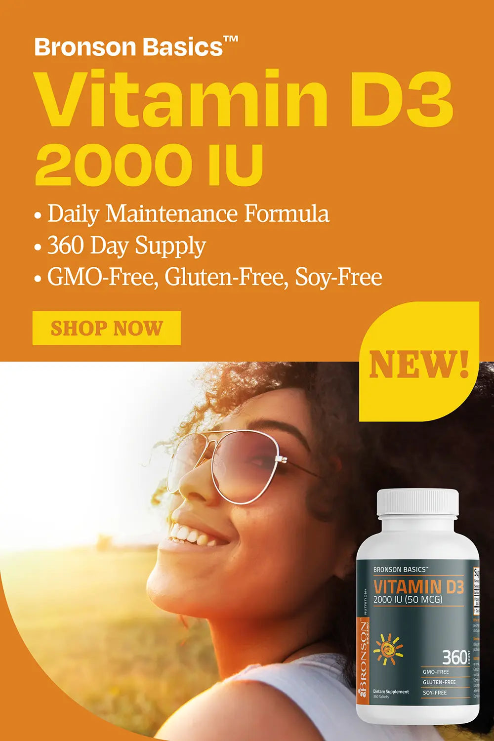 Bronson basics vitamin d3 2000 iu. Daily maintenance formula, 360 day supply , gmo-free, gluten free, soy free. 