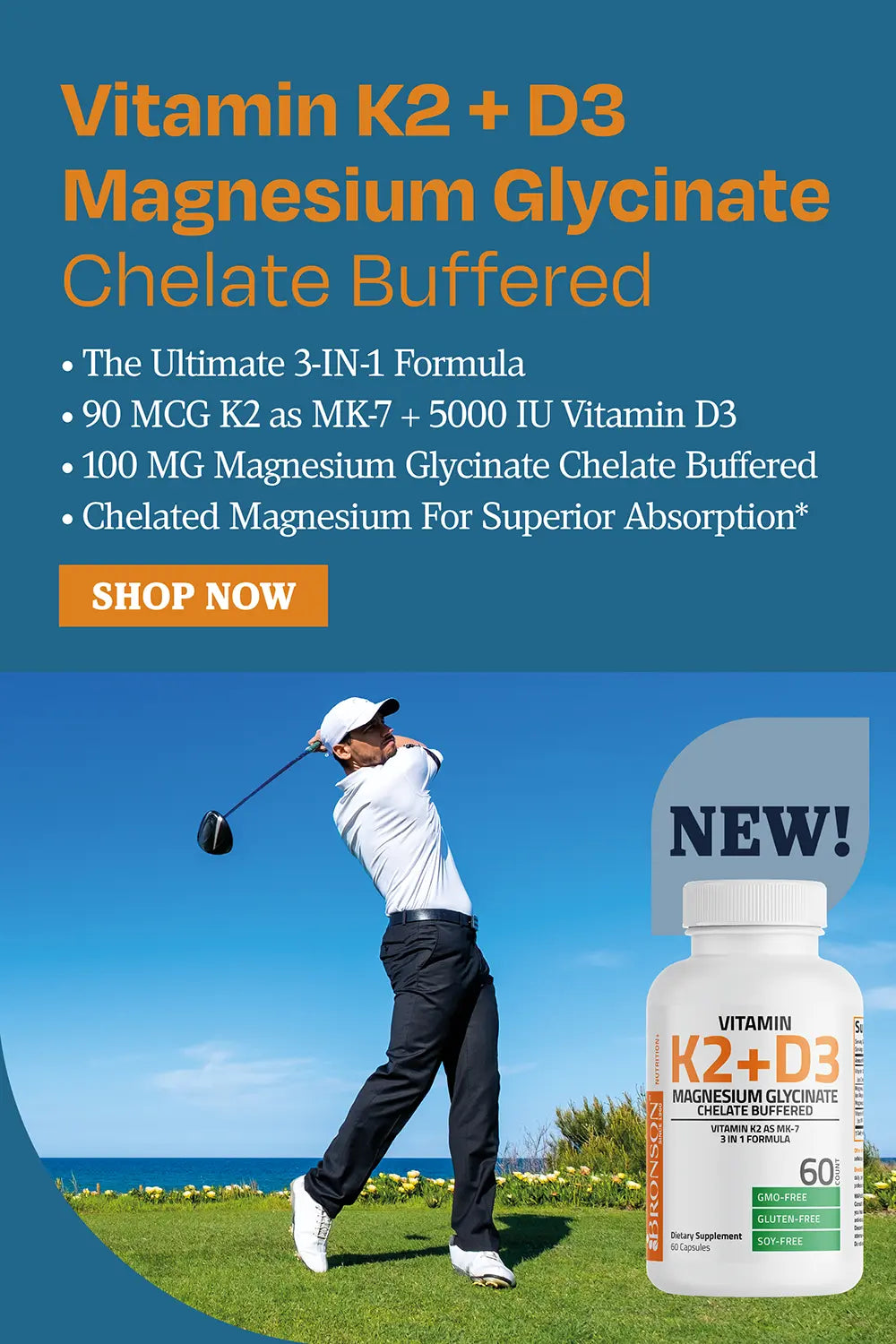 Vitamin K2 + D3 Magnesium glycinate chelate buffered. The ultimate 3 in 1 formula, 90 MCG as MK 7 + 5000 IU vitamin d3, 100 mg magnesium glycinate chelate buffered, chelated magnesium for superior absorption. 