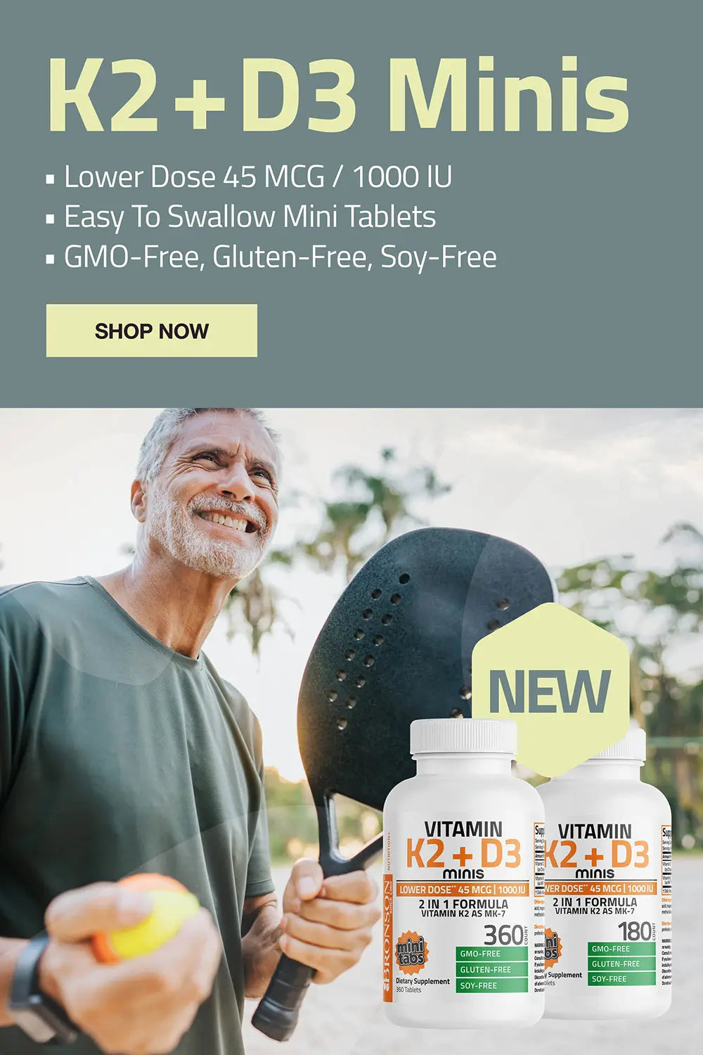 k2 + d3 minis. lower dose 45mcg / 1000 iu, easy to swallow mini tablets, gmo free, gluten free, soy free