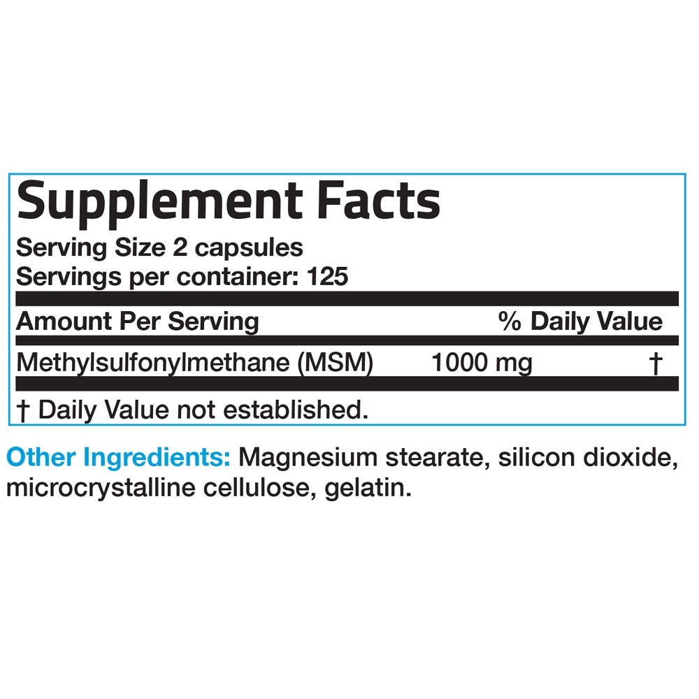 Bronson Vitamins MSM - 1,000 mg - 250 Capsules, Item #107B, Supplement Facts Panel