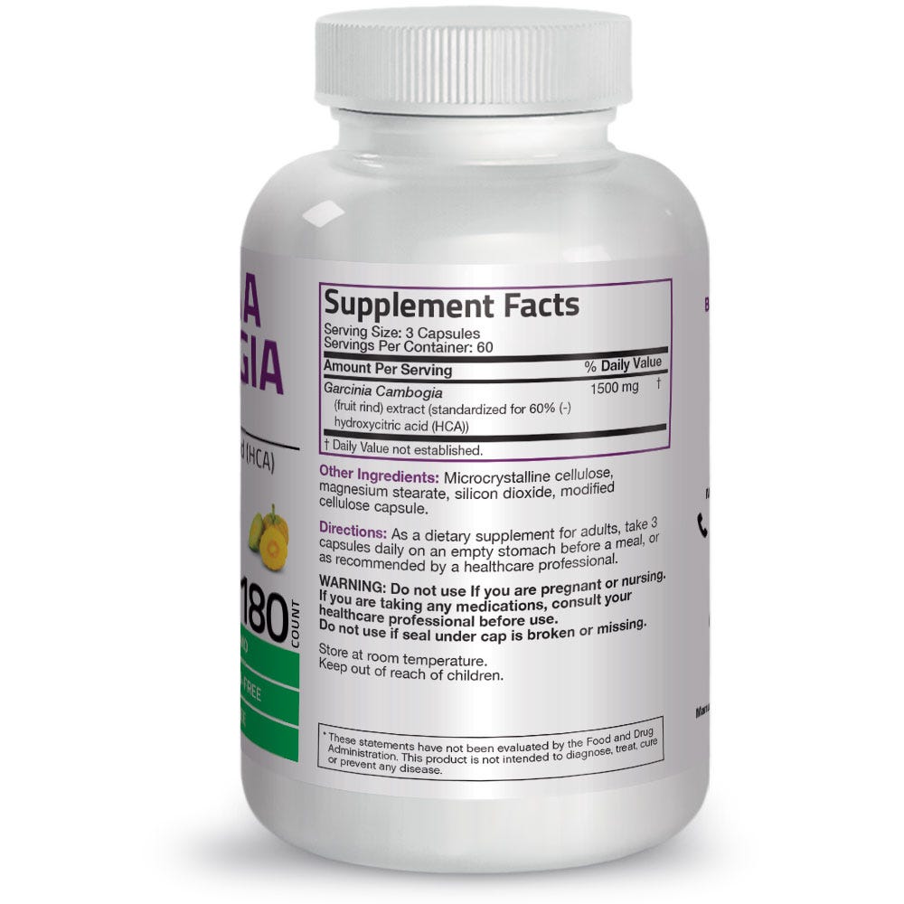 Bronson Vitamins Garcinia Cambogia Extract - 500 mg - 180 Vegetarian Capsules, Item #1106, Bottle, Back Label, Supplement Facts, Other Ingredients, Directions and Warnings