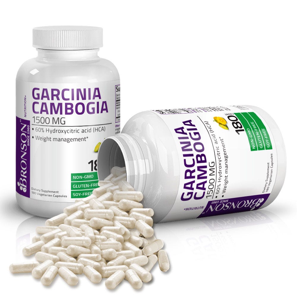 Bronson Vitamins Garcinia Cambogia Extract - 500 mg - 180 Vegetarian Capsules, Item #1106, Two Bottles , Front Label, One Bottle on Side , Capsules Displayed