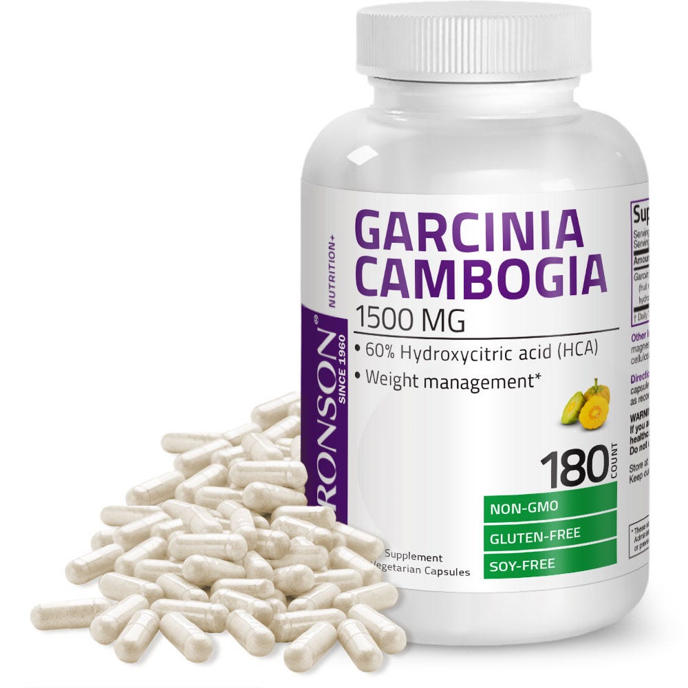 Bronson Vitamins Garcinia Cambogia Extract - 500 mg - 180 Vegetarian Capsules, Item #1106, Bottle, Front Label with Capsules