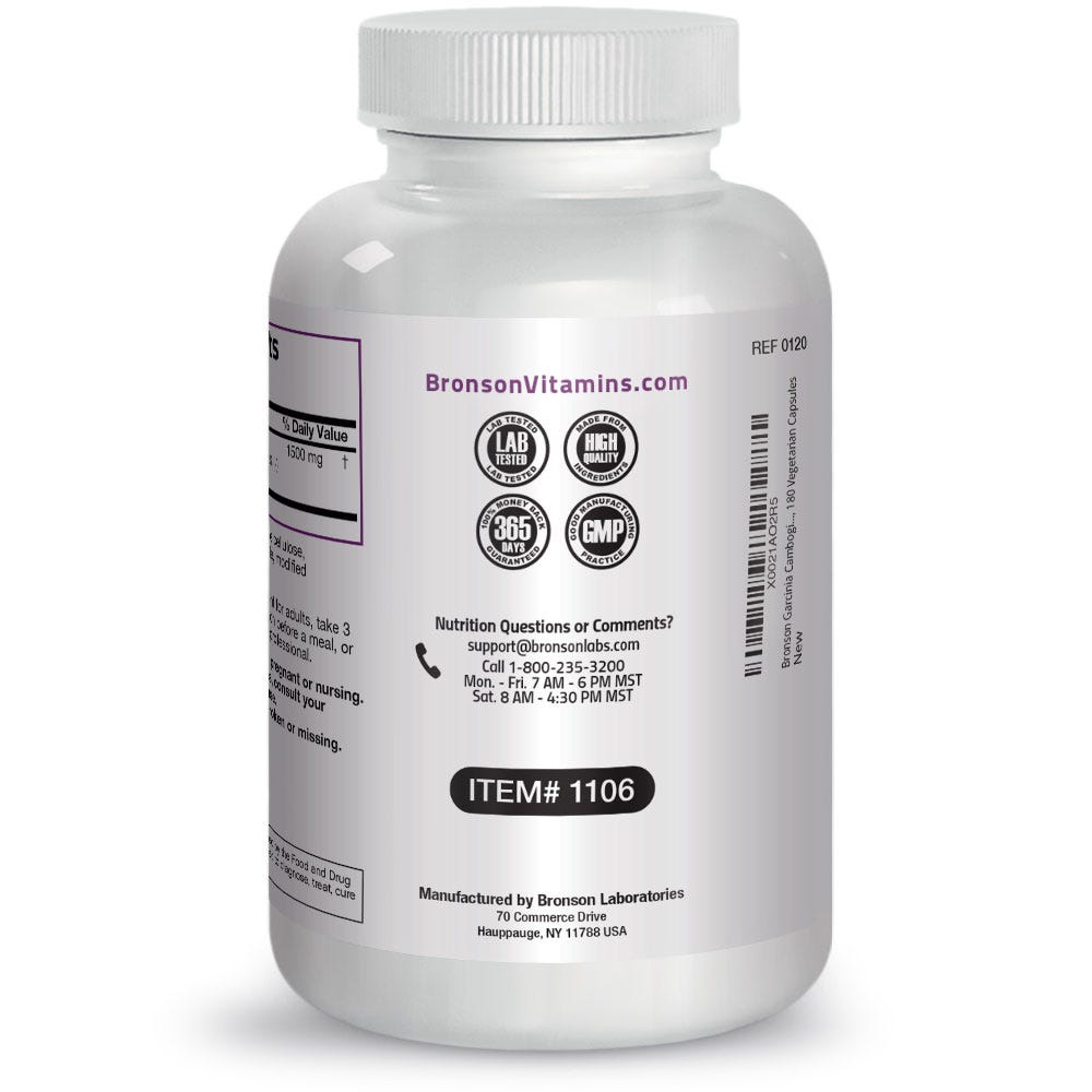 Bronson Vitamins Garcinia Cambogia Extract - 500 mg - 180 Vegetarian Capsules, Item #1106, Bottle, Side Label, Lab Tested Icon, High-Quality Icon, Money back Guarantee Icon, GMP Icon, Contact Info