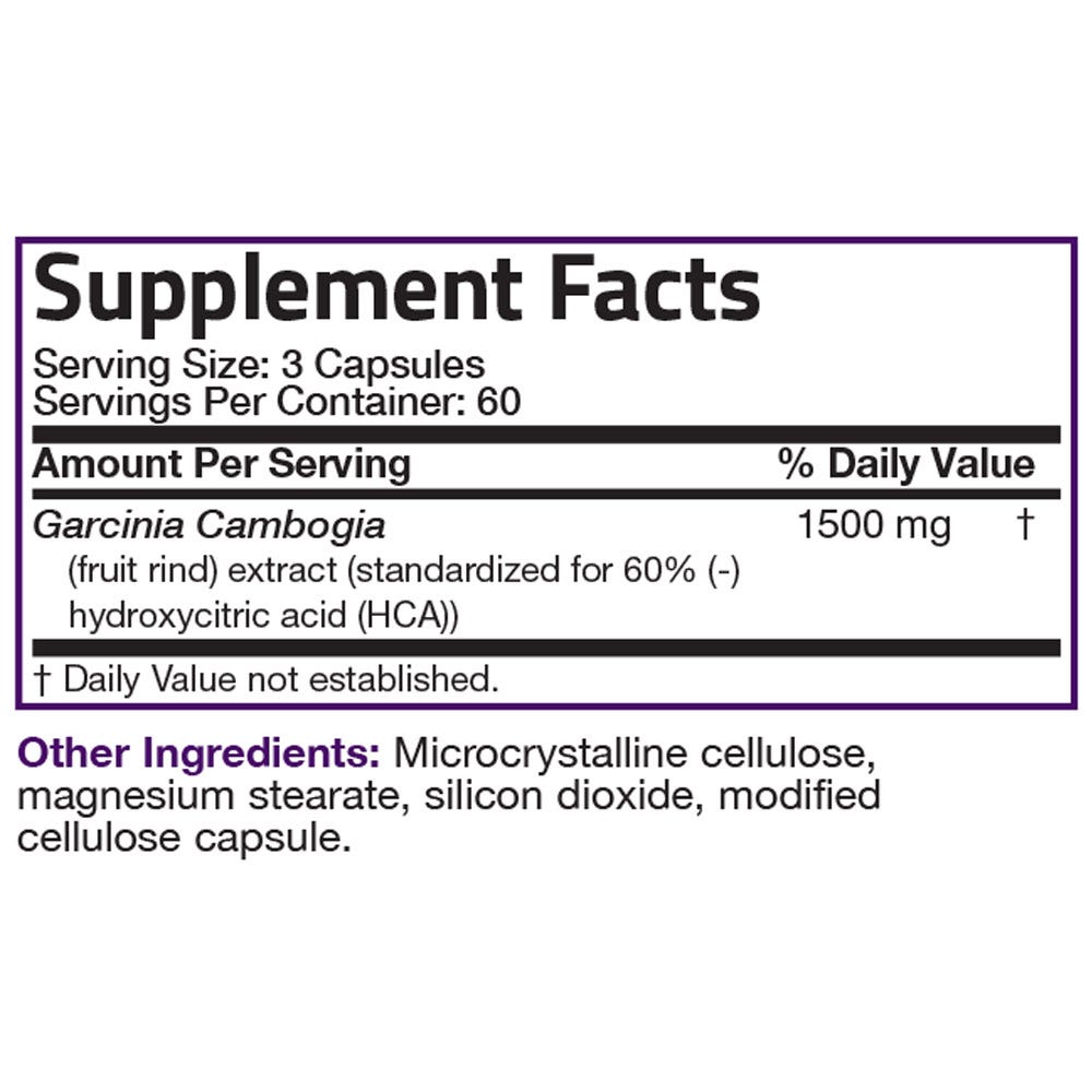 Bronson Vitamins Garcinia Cambogia Extract - 500 mg - 180 Vegetarian Capsules, Item #1106, Supplement Facts Panel