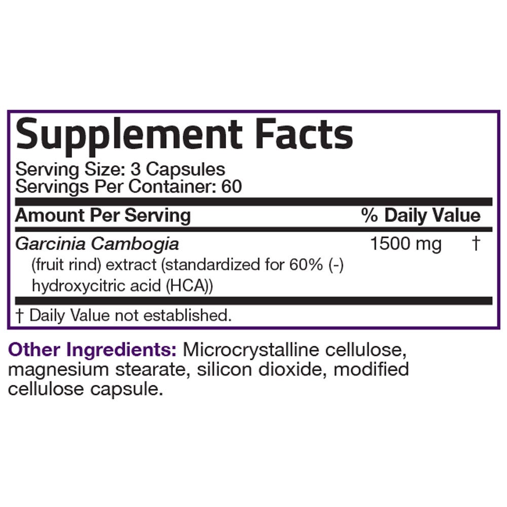 Bronson Vitamins Garcinia Cambogia Extract - 500 mg - 180 Vegetarian Capsules, Item #1106, Supplement Facts Panel